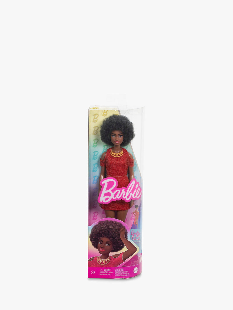 Barbie Fashionistas Doll #221 with natural black hair and red dress - British product