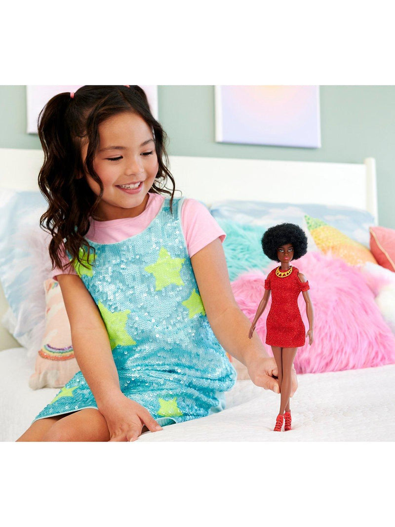 Barbie Fashionistas Doll #221 with natural black hair and red dress - British product