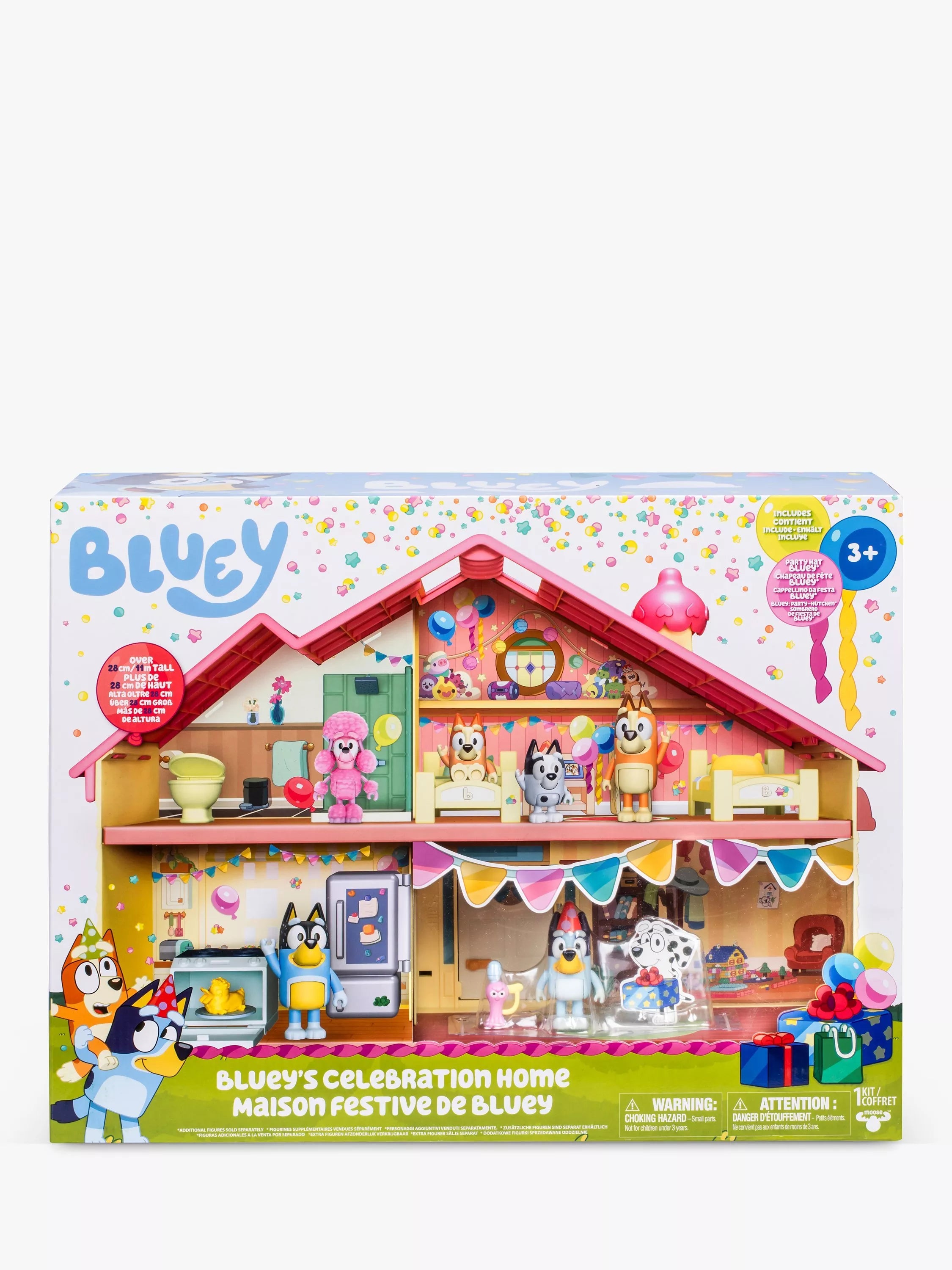Bluey Celebration Home playset with party hat figure and 11 pieces, imported from the UK