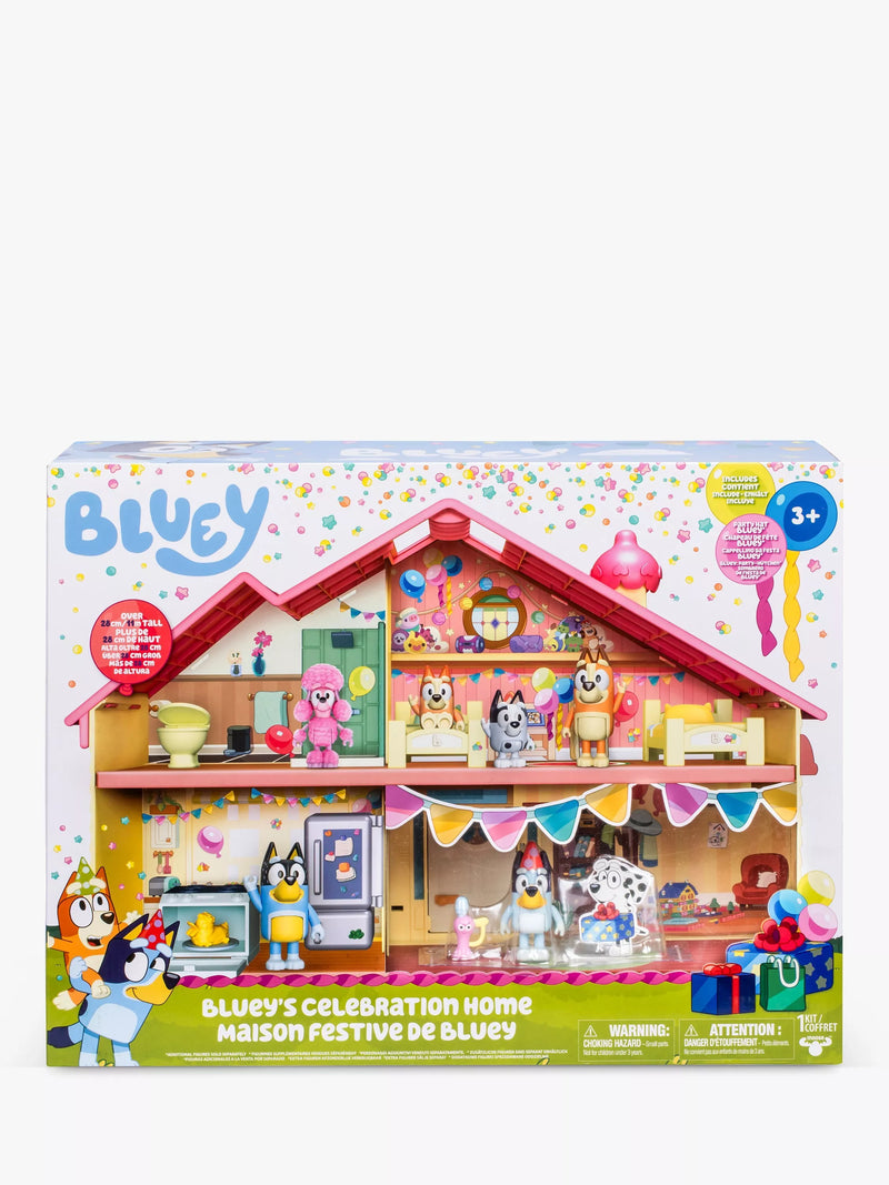 Bluey Celebration Home playset with party hat figure and 11 pieces, imported from the UK