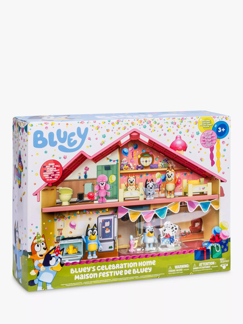 Bluey Celebration Home playset with party hat figure and 11 pieces, imported from the UK