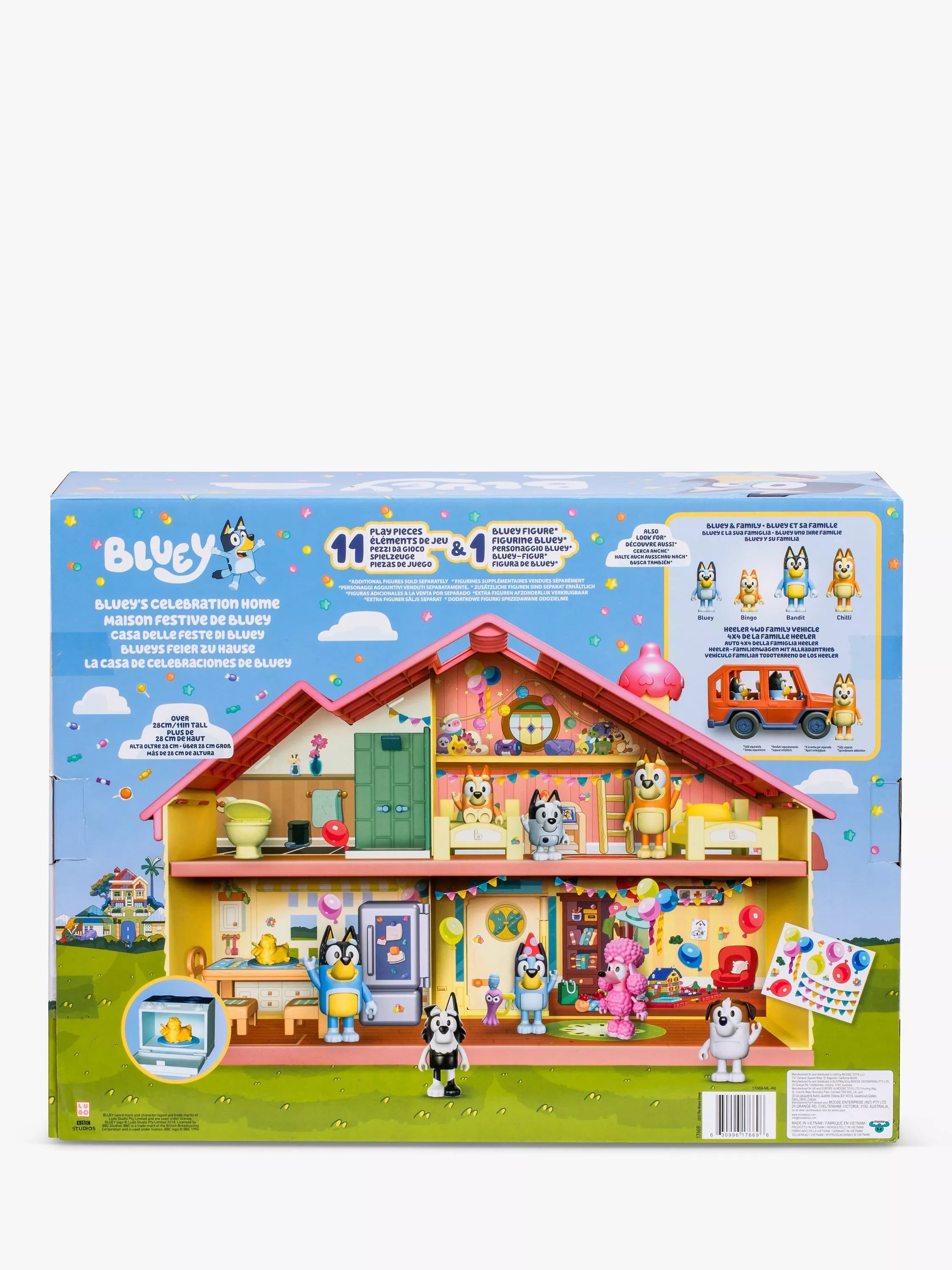 Bluey Celebration Home playset with party hat figure and 11 pieces, imported from the UK