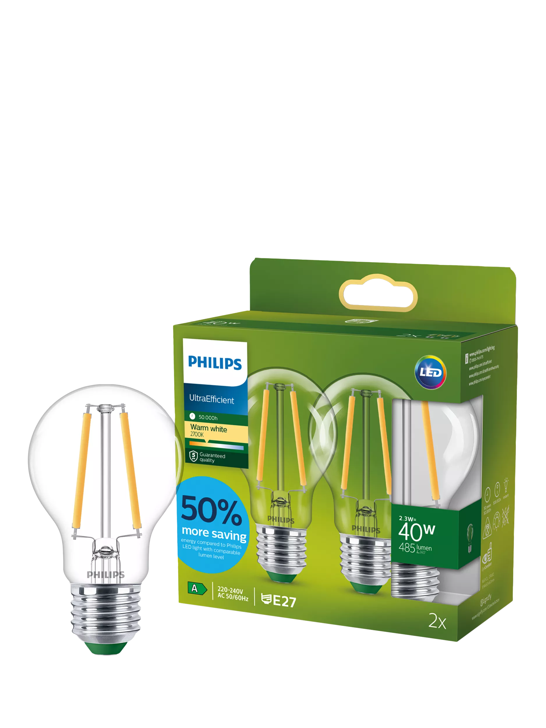 Philips LED bulb 2.3W warm white pack of 2 (British brand)