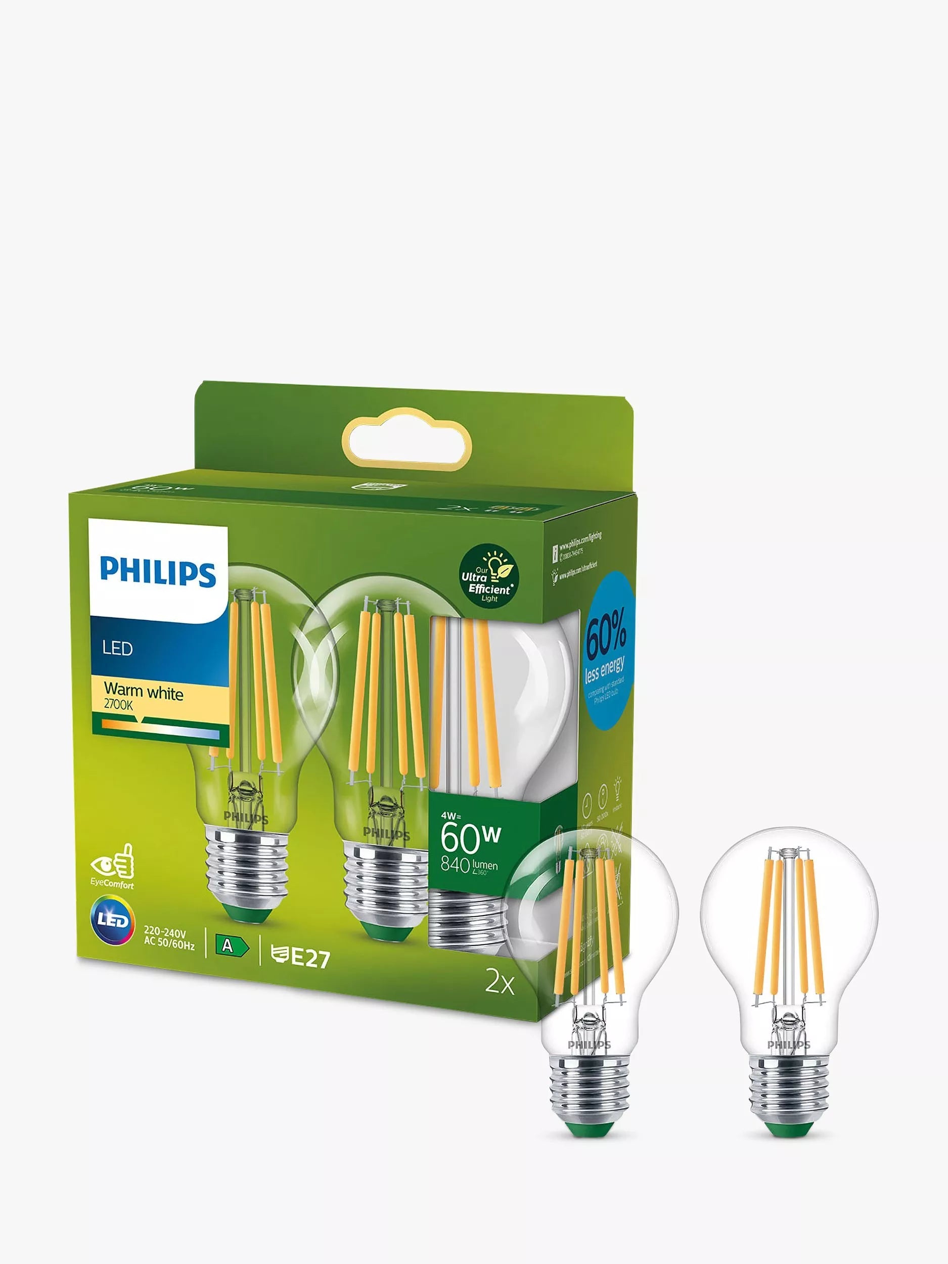 Philips warm white clear LED bulb 4W pack of 2 - British product