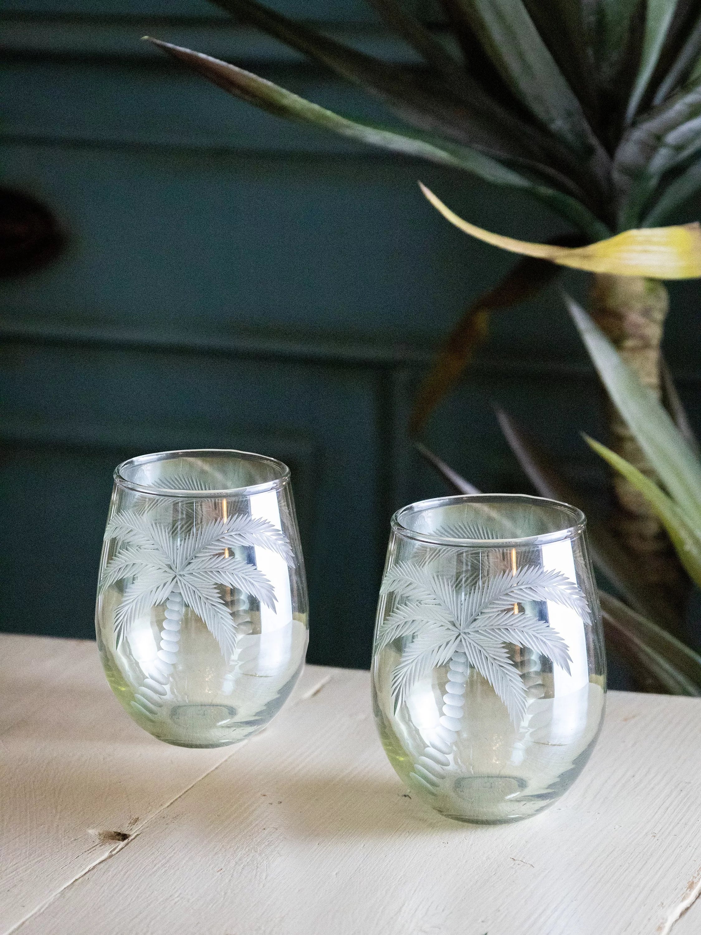 Culinary Concepts palm etched glass tumblers, set of 2, 450ml - British product