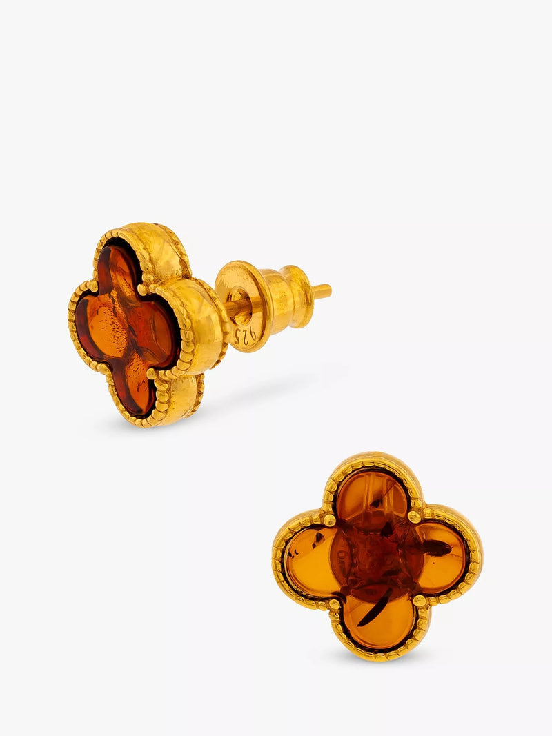 Be-Jewelled amber clover stud earrings gold plated sterling silver, UK version