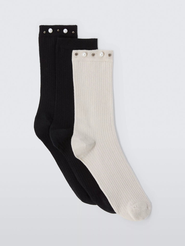 John Lewis Faux Pearl Embellished Ankle Socks, Pack of 3, Black/Multi, One Size