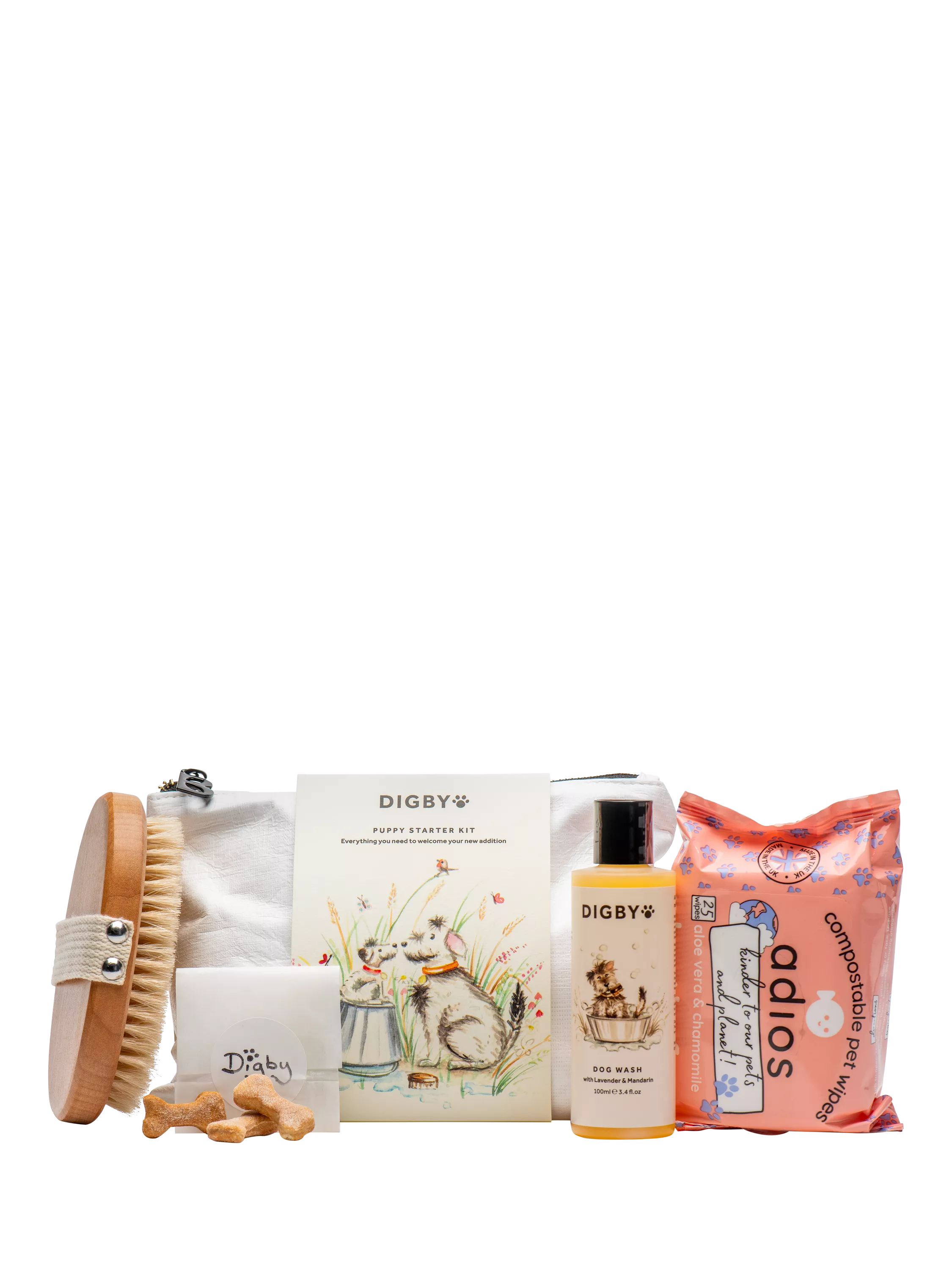 Bramley puppy starter kit with dog wash, brush, wipes, and treats - British product