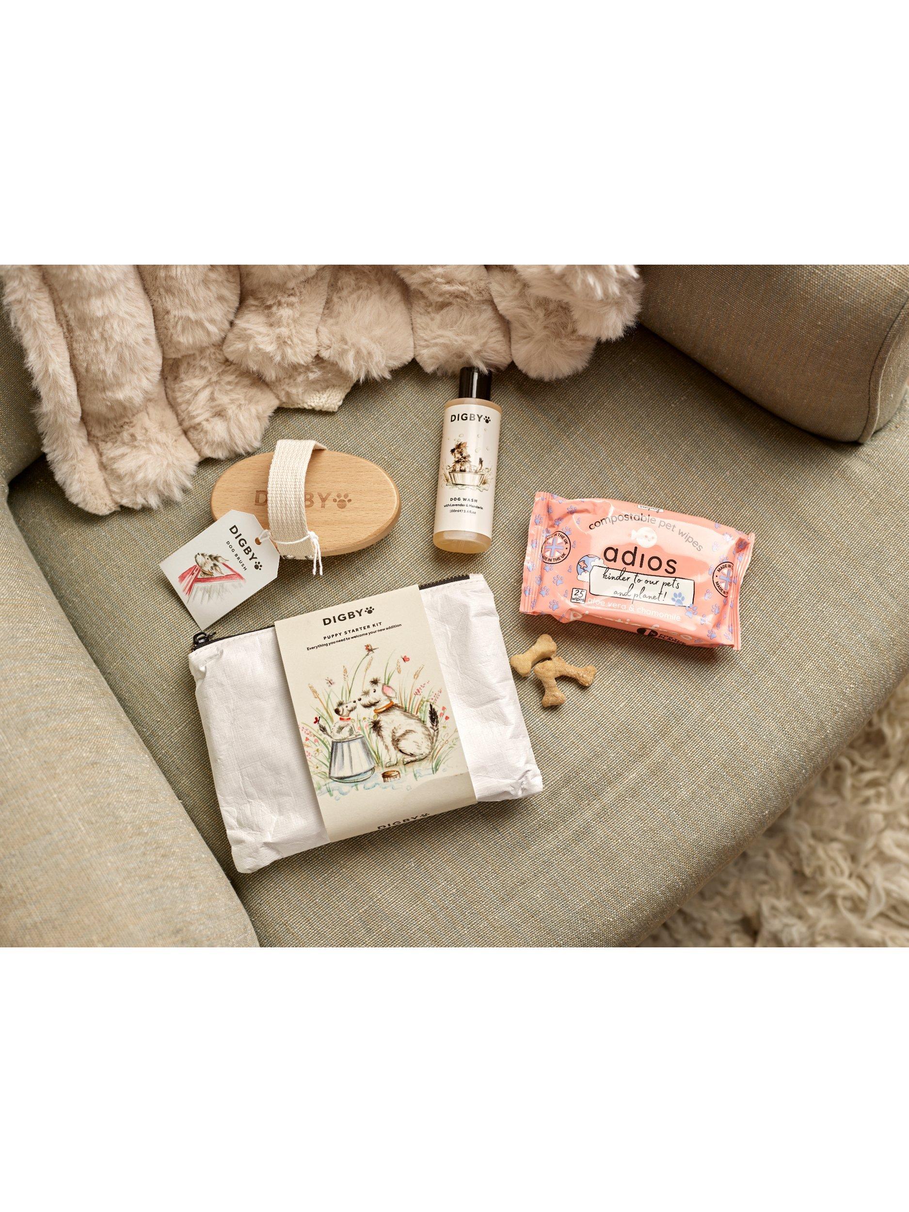 Bramley puppy starter kit with dog wash, brush, wipes, and treats - British product