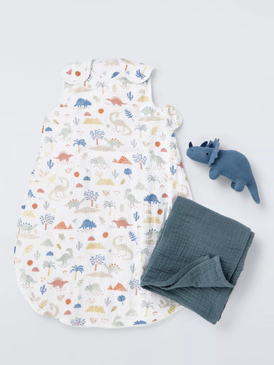 John Lewis John Lewis Dinosaur Baby Sleeping Bag, Muslin Blanket and Dinosaur Soft Toy Gift Set