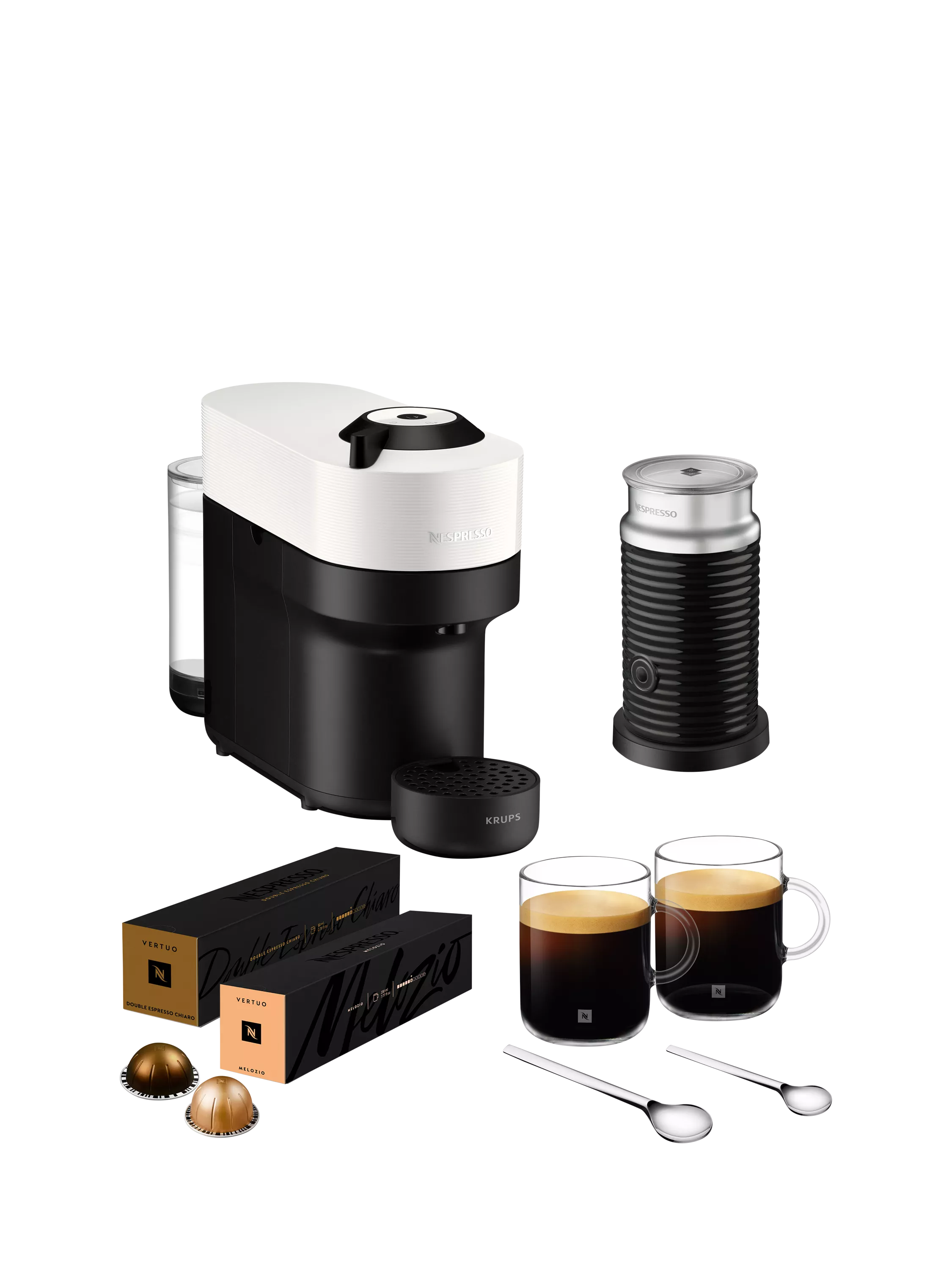 KRUPS white coffee machine with milk frother and mugs, imported from the UK