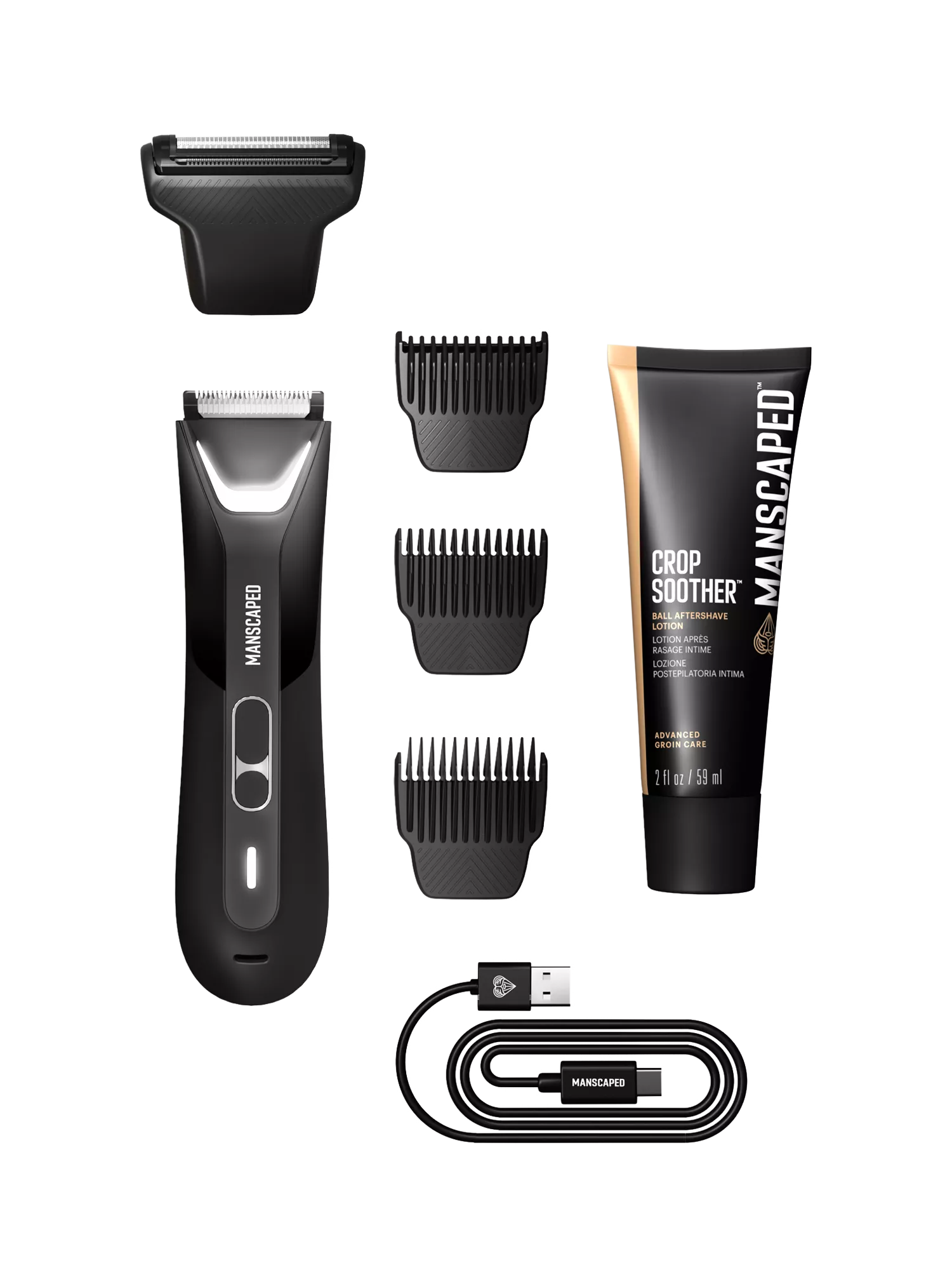 MANSCAPED electric body hair trimmer shaving set with aftershave lotion, black essentials kit (British brand)