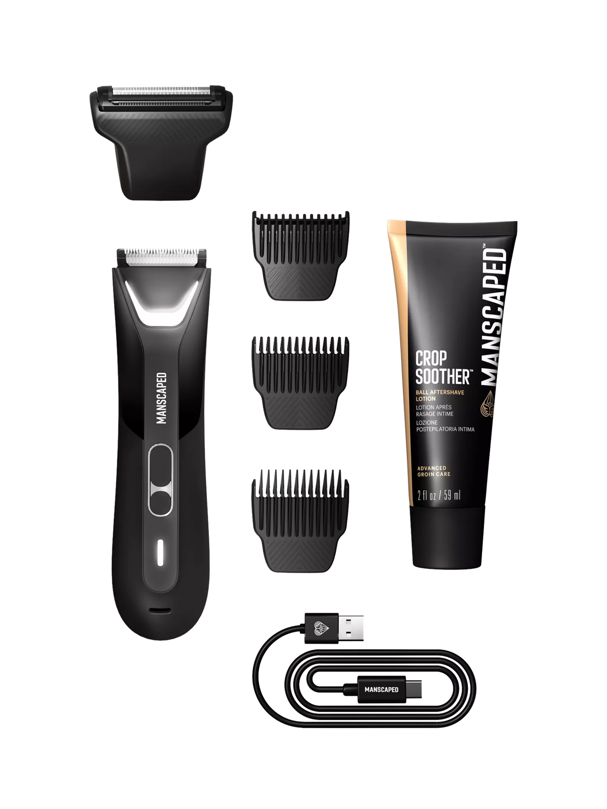 MANSCAPED electric body hair trimmer shaving set with aftershave lotion, black essentials kit (British brand)