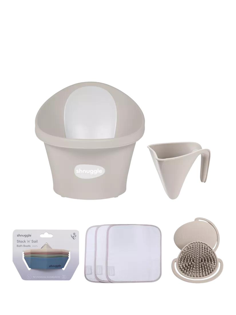 Shnuggle baby bath and care set including tub, jug, brush, washcloths, and toys (British brand)