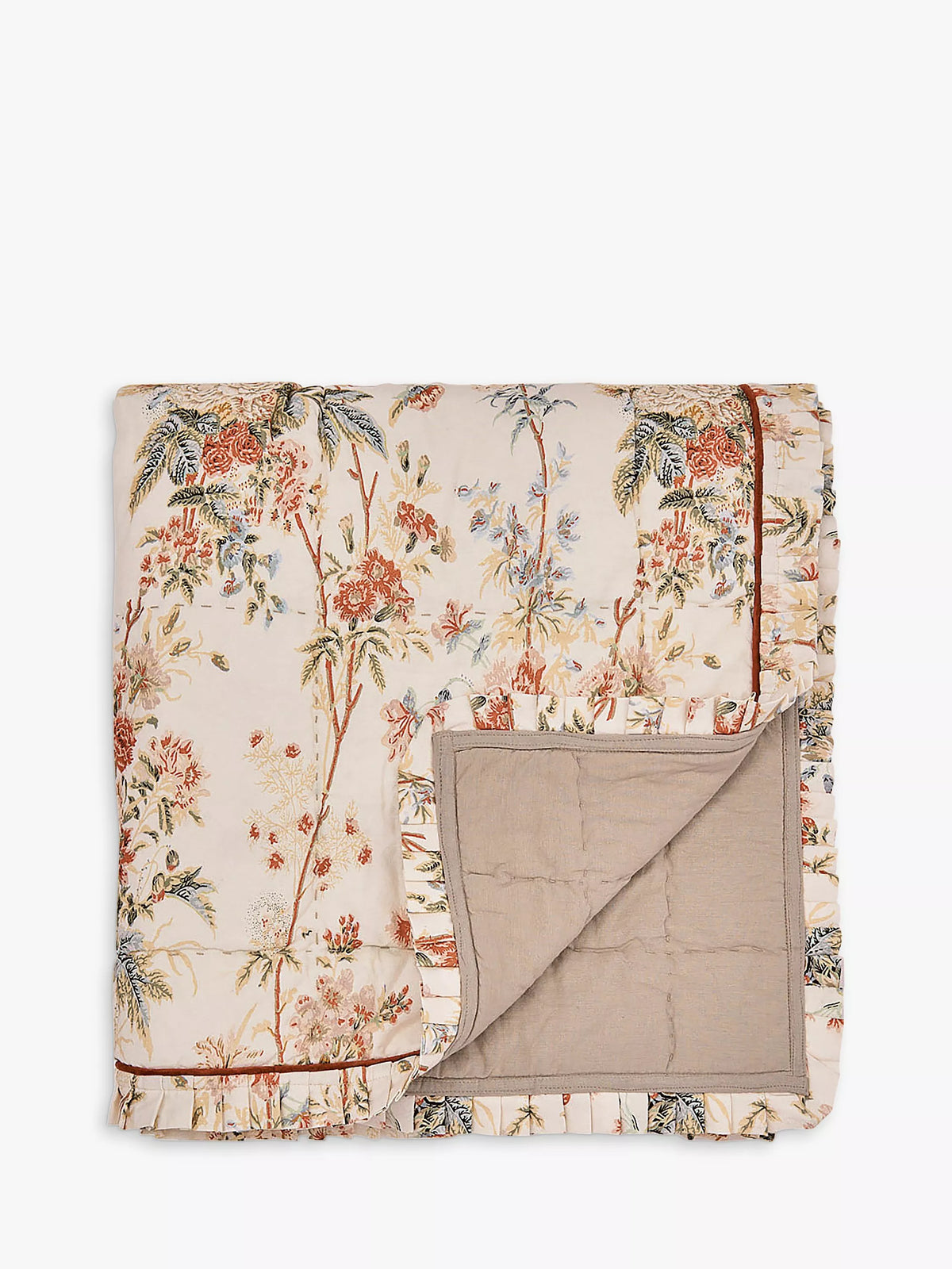 Sanderson floral quilted throw with box frill edge and velvet piping (British brand)