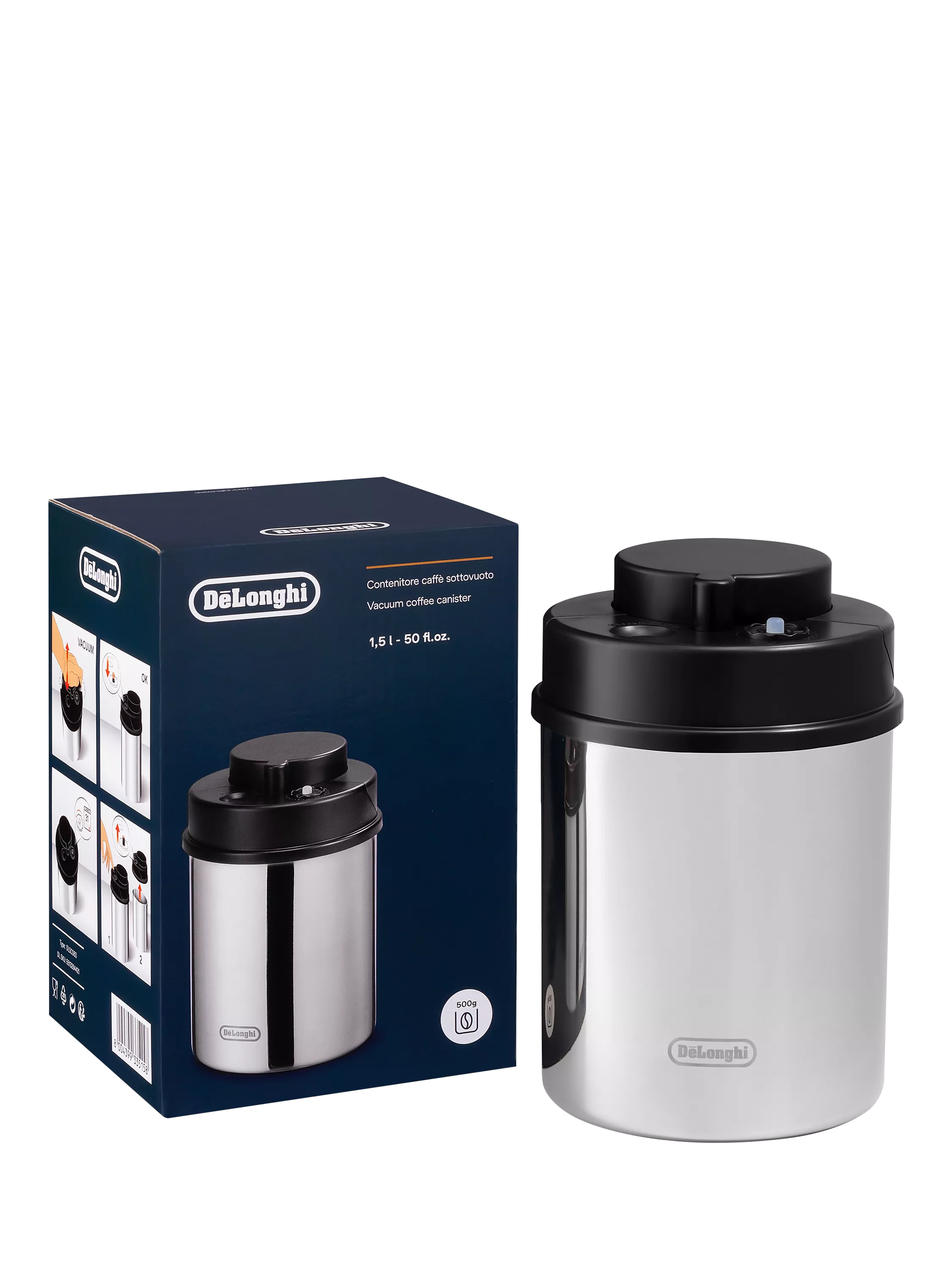 De'Longhi vacuum coffee canister grey 500g capacity - British product