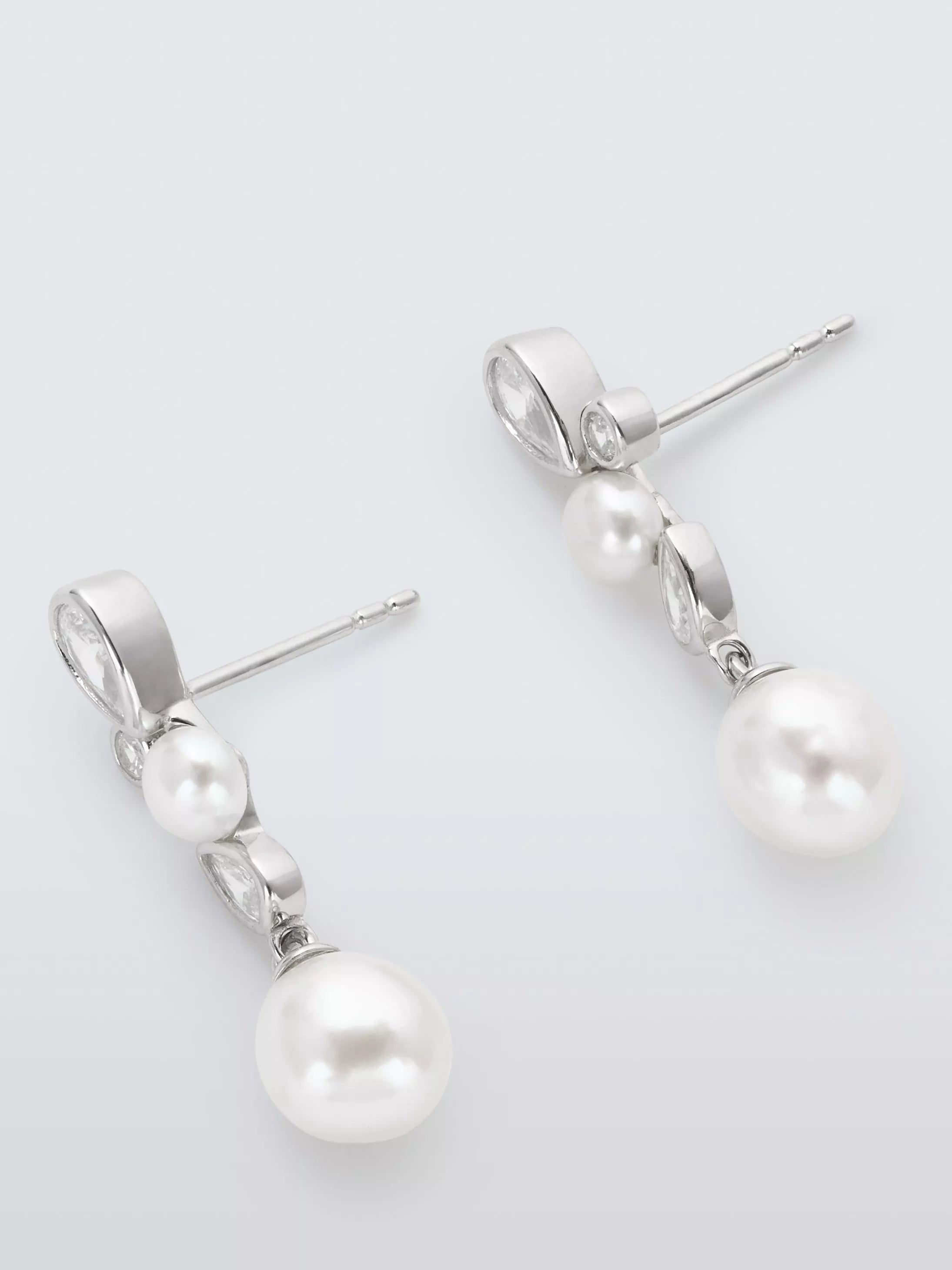 Lido cubic zirconia and freshwater pearl drop earrings, rhodium silver, UK version
