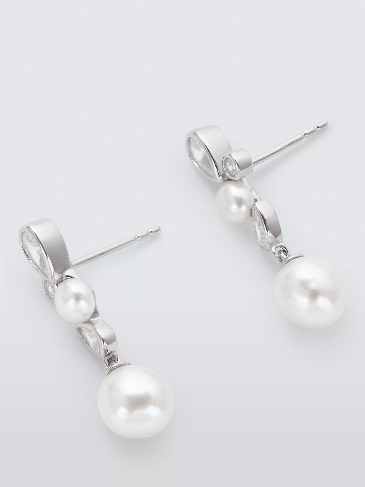 Lido cubic zirconia and freshwater pearl drop earrings, rhodium silver, UK version