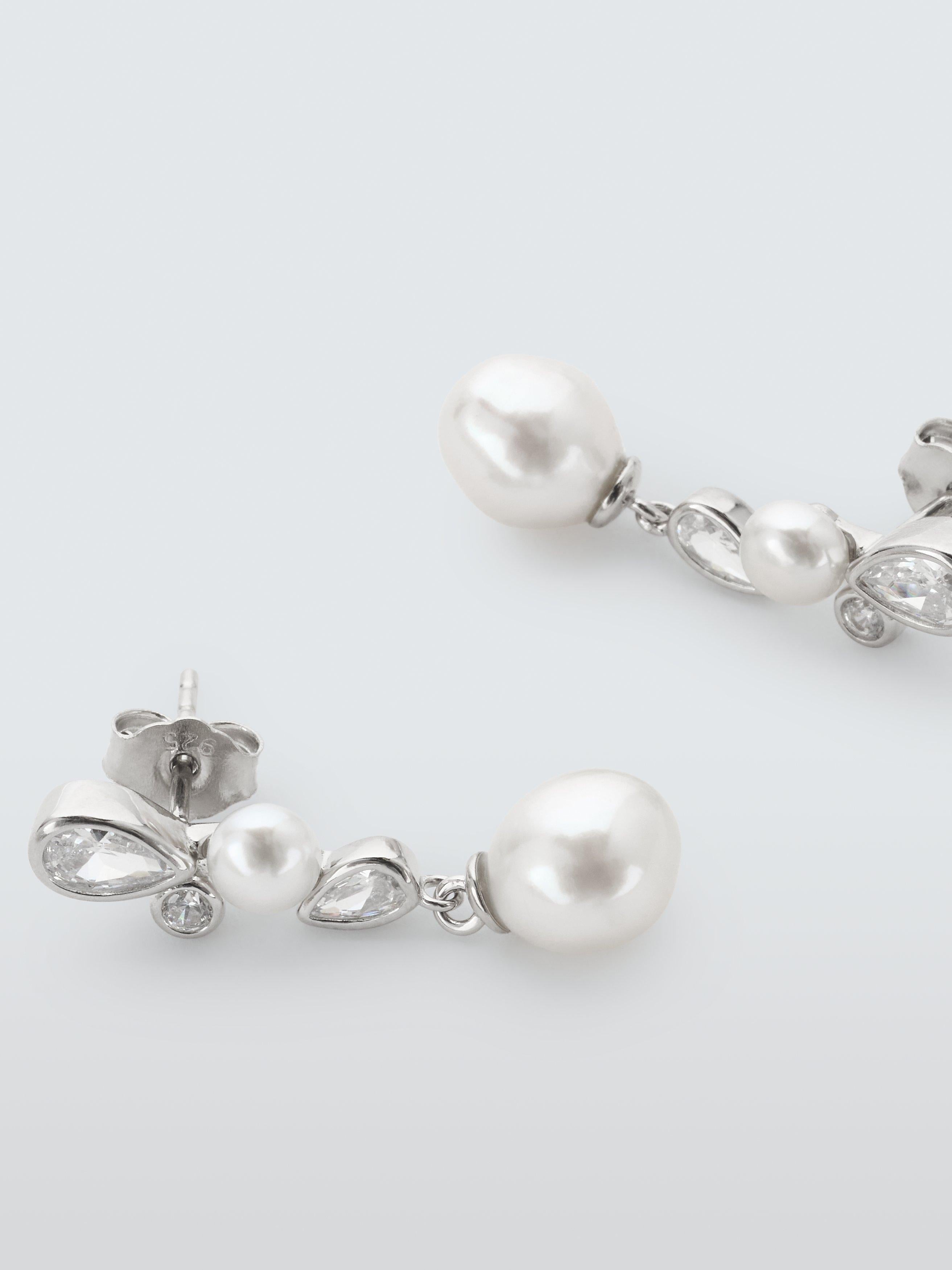 Lido cubic zirconia and freshwater pearl drop earrings, rhodium silver, UK version