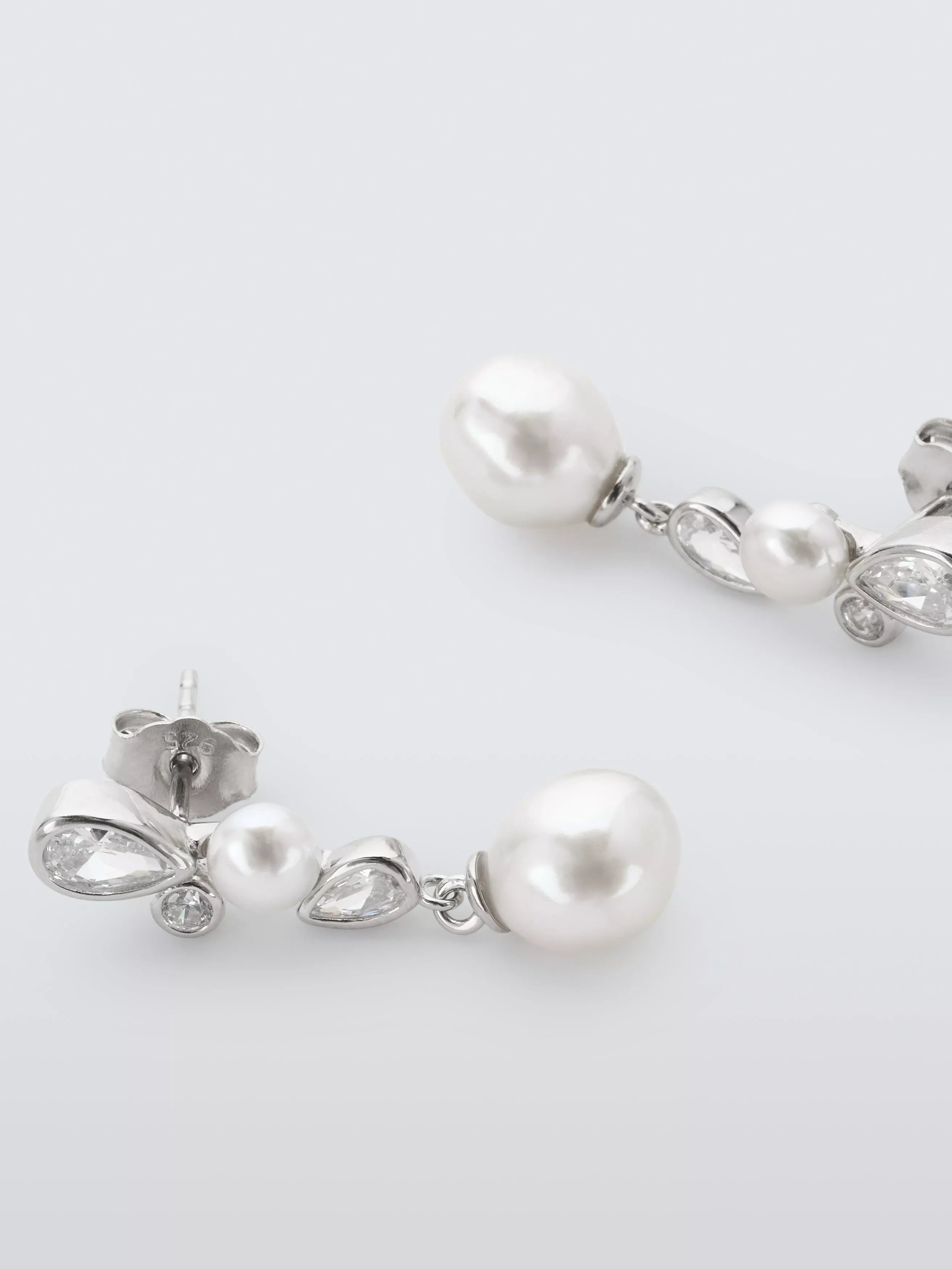 Lido cubic zirconia and freshwater pearl drop earrings, rhodium silver, UK version