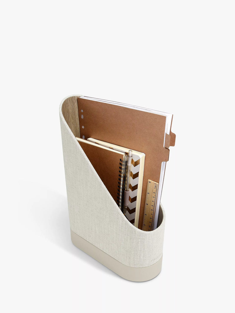 Neutral Oatmeal PU and Linen magazine file with hidden storage tray (British brand)