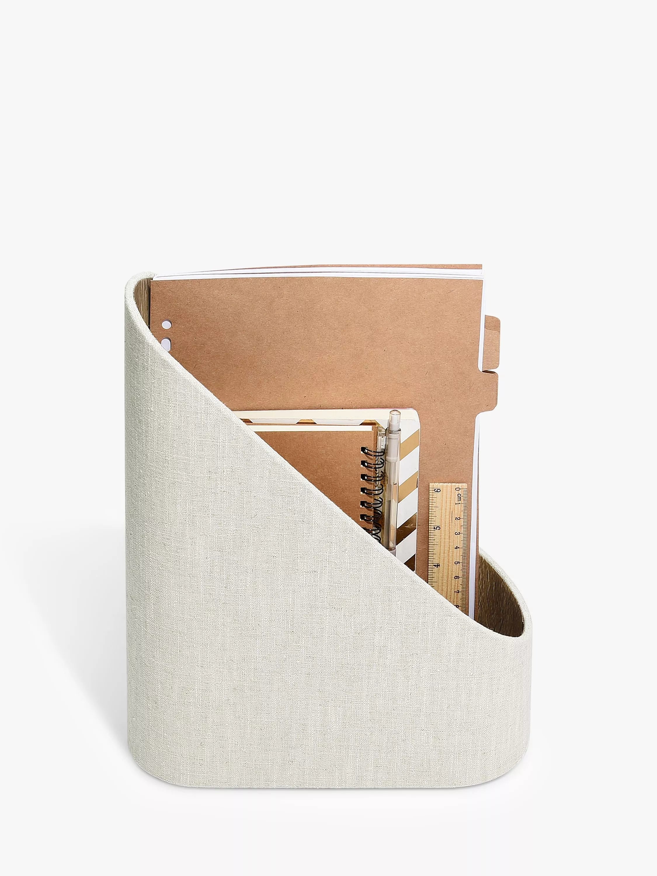 Neutral Oatmeal PU and Linen magazine file with hidden storage tray (British brand)