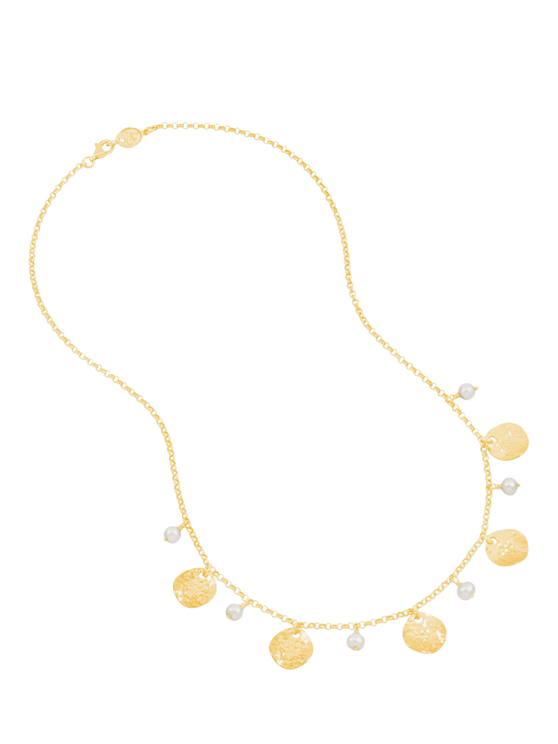 Dower & Hall Freshwater Pearl & Hammered Disc Necklace 46cm
