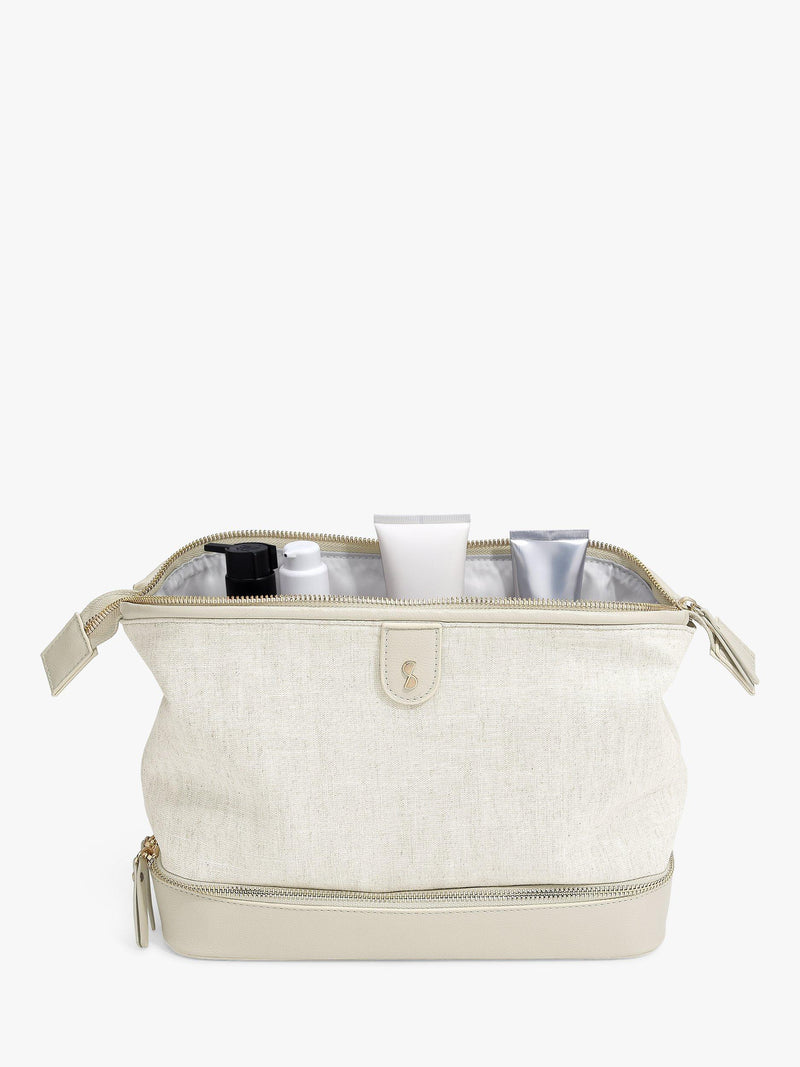 Stackers linen finish wash bag with multiple pockets and removable divider (British brand)