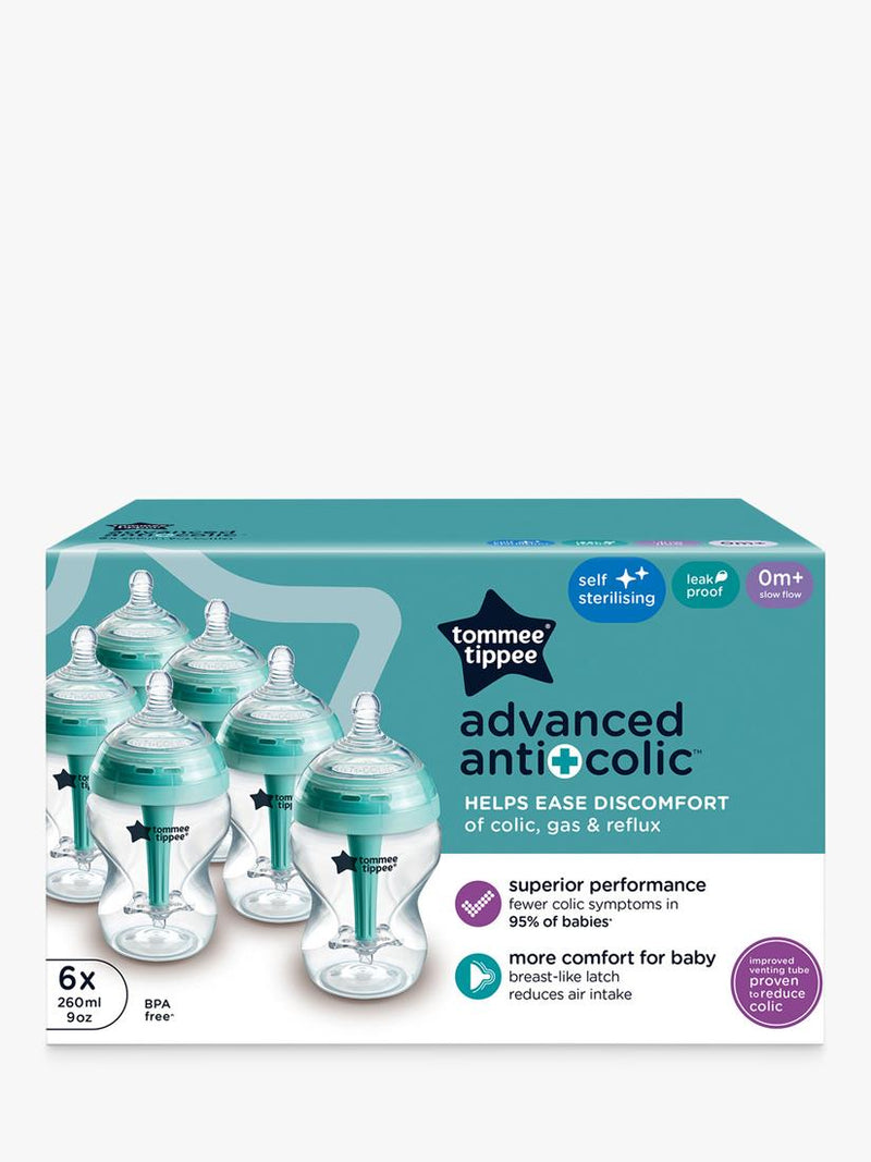 Tommee Tippee Advanced Anti-Colic Baby Bottles with Slow Flow Teats Pack of 6 260ml (British brand)