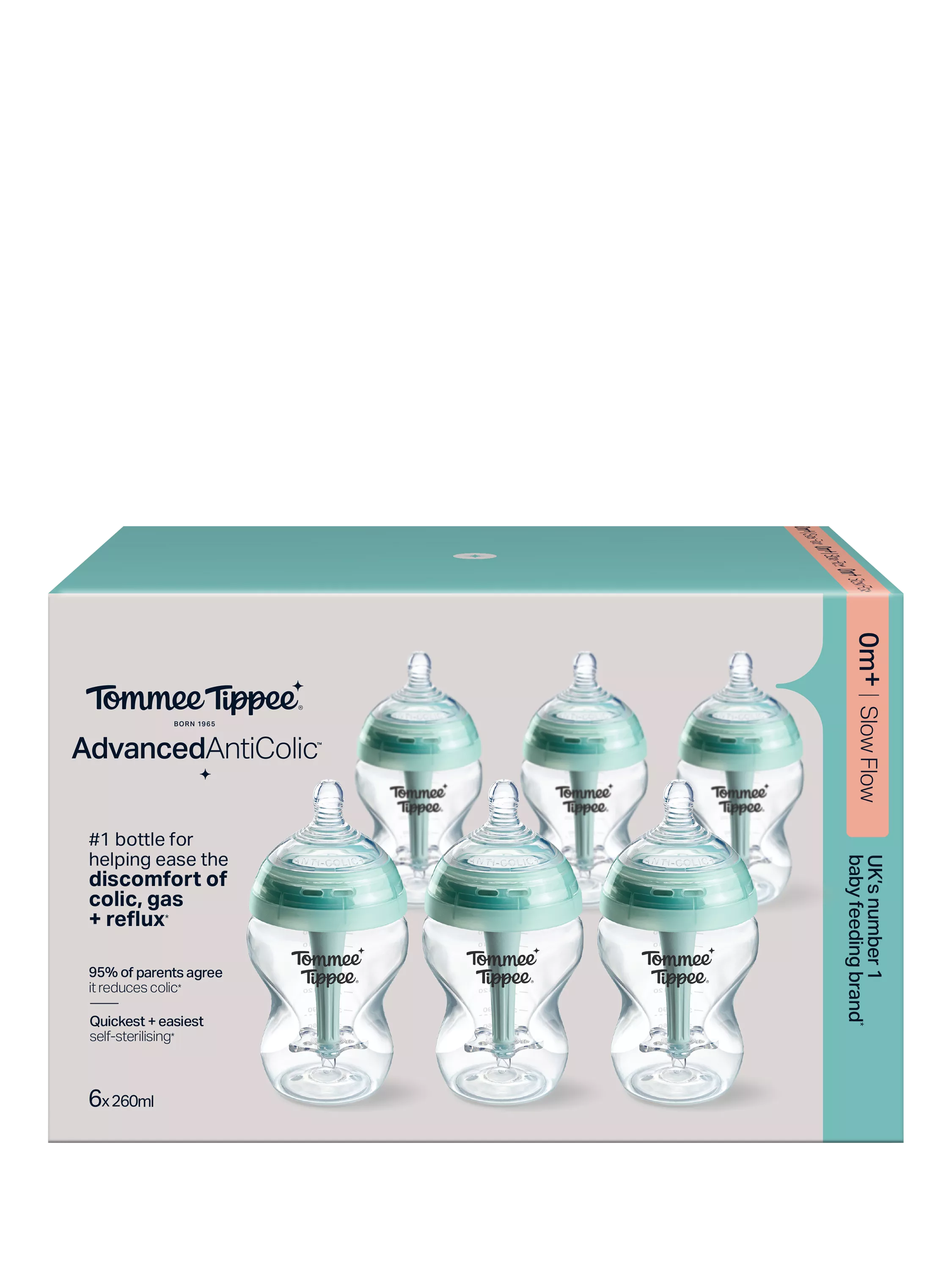 Tommee Tippee Advanced Anti-Colic Baby Bottles with Slow Flow Teats Pack of 6 260ml (British brand)