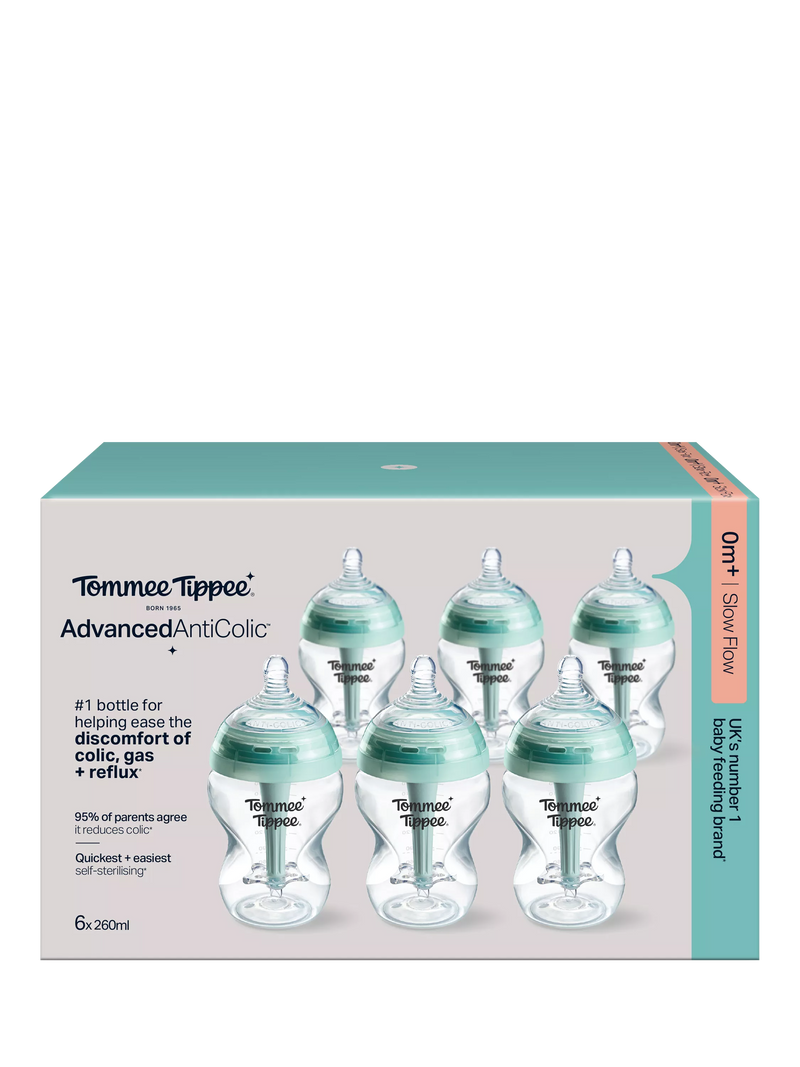 Tommee Tippee Advanced Anti-Colic Baby Bottles with Slow Flow Teats Pack of 6 260ml (British brand)