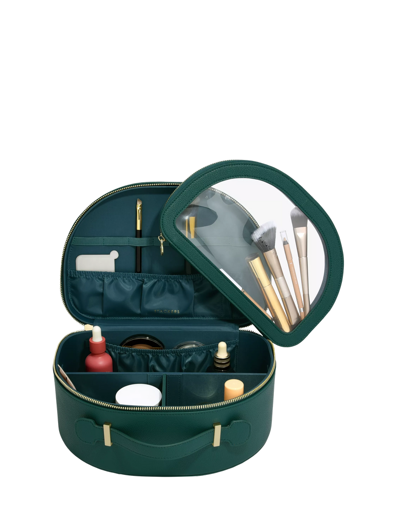 Forest green vanity case with compartments and removable pouch (British brand)
