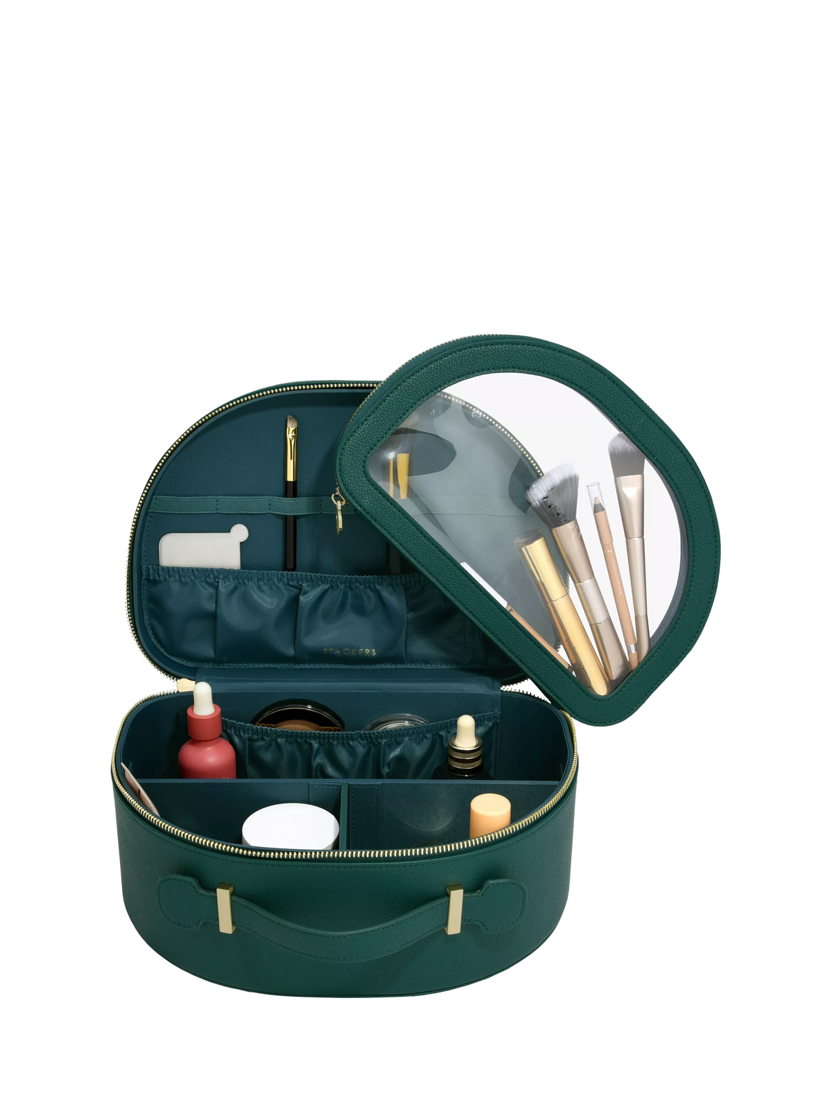 Forest green vanity case with compartments and removable pouch (British brand)