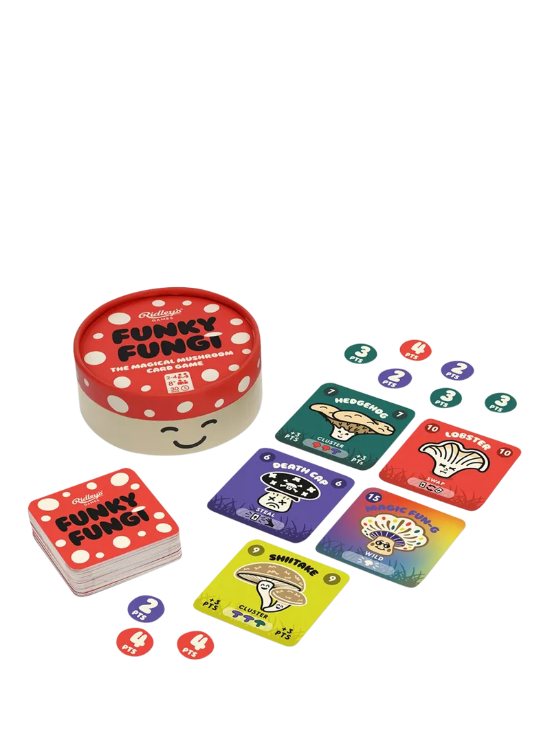 Ridley's Funky Fungi card game with travel-friendly box, imported from the UK