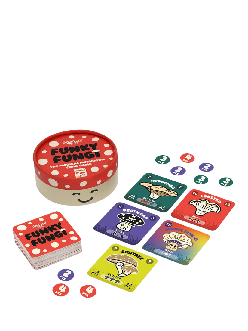 Ridley's Funky Fungi card game with travel-friendly box, imported from the UK