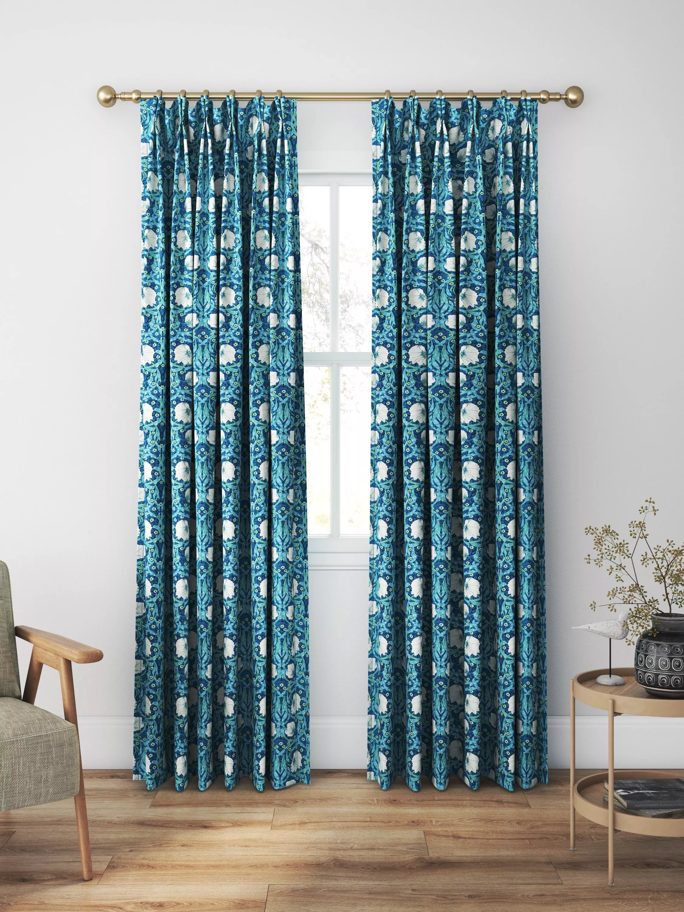 Morris & Co. Pimpernel midnight opal curtains roman blind UK version