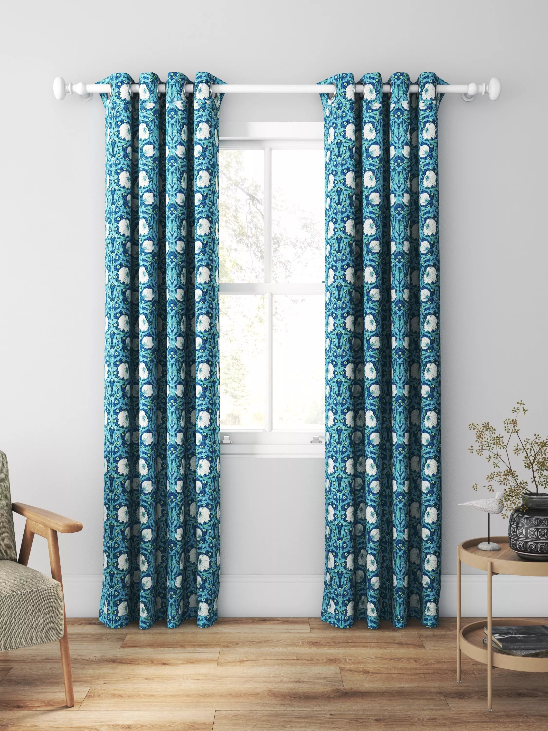 Morris & Co. Pimpernel midnight opal curtains roman blind UK version