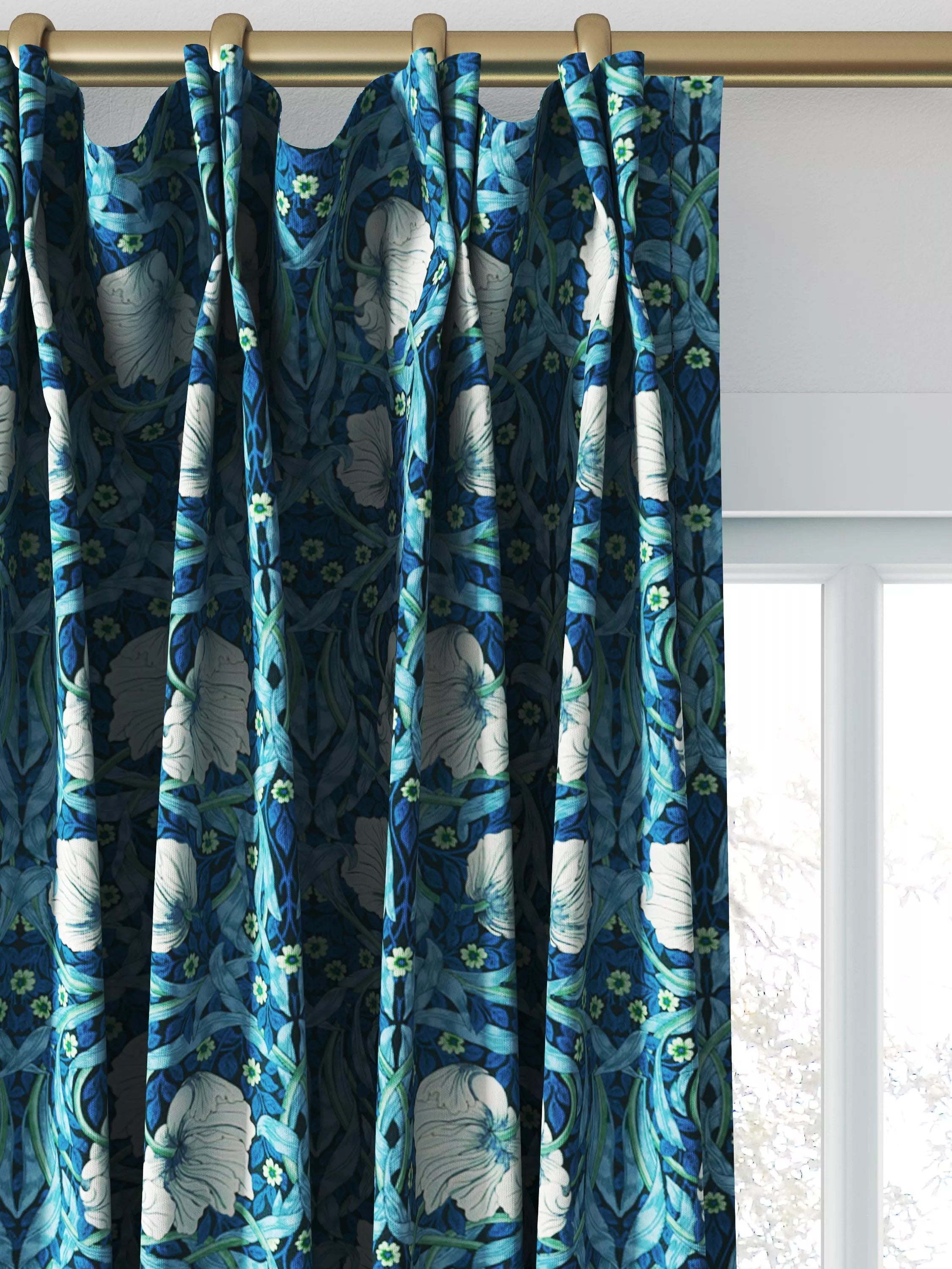 Morris & Co. Pimpernel midnight opal curtains roman blind UK version