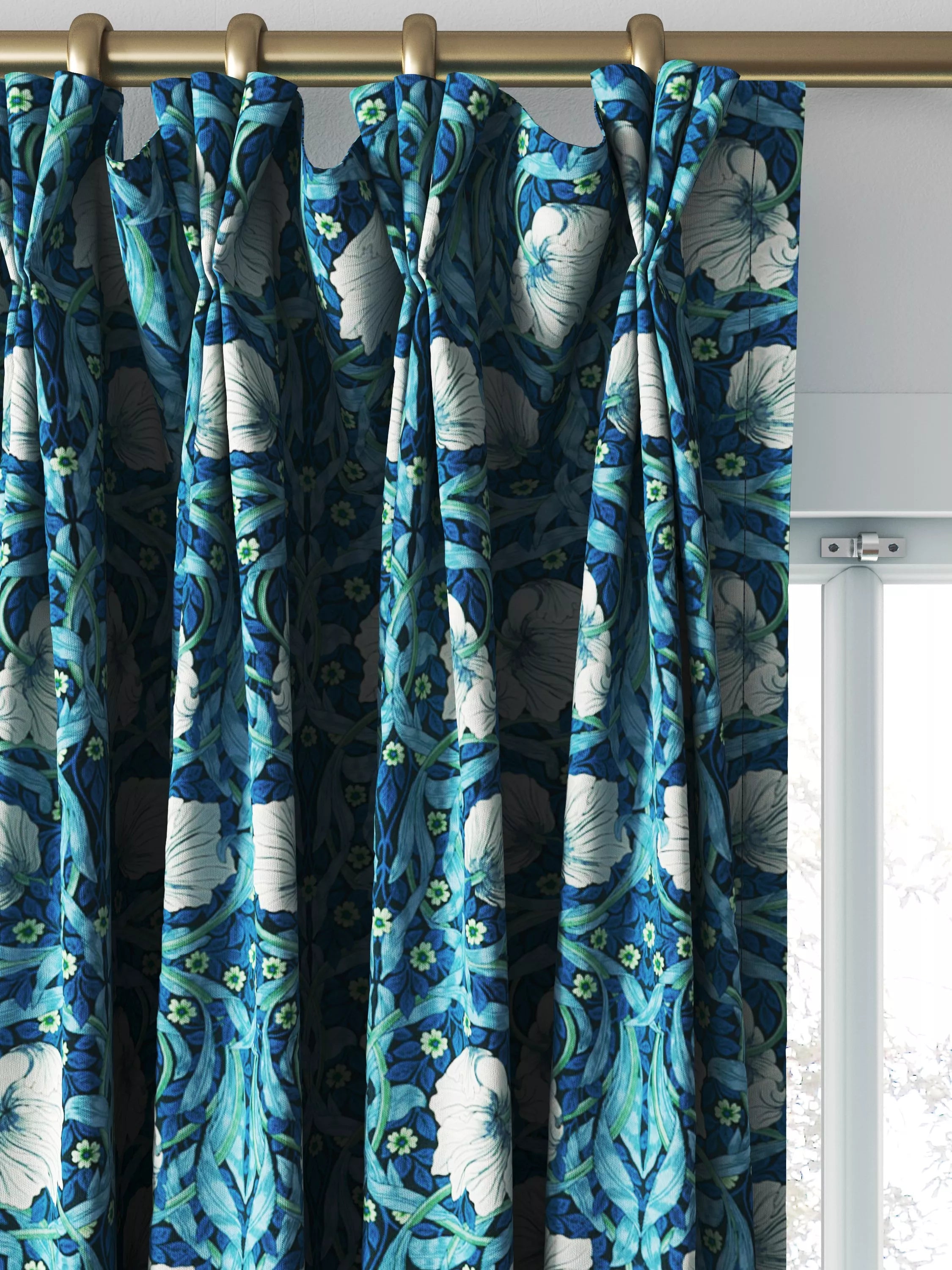 Morris & Co. Pimpernel midnight opal curtains roman blind UK version