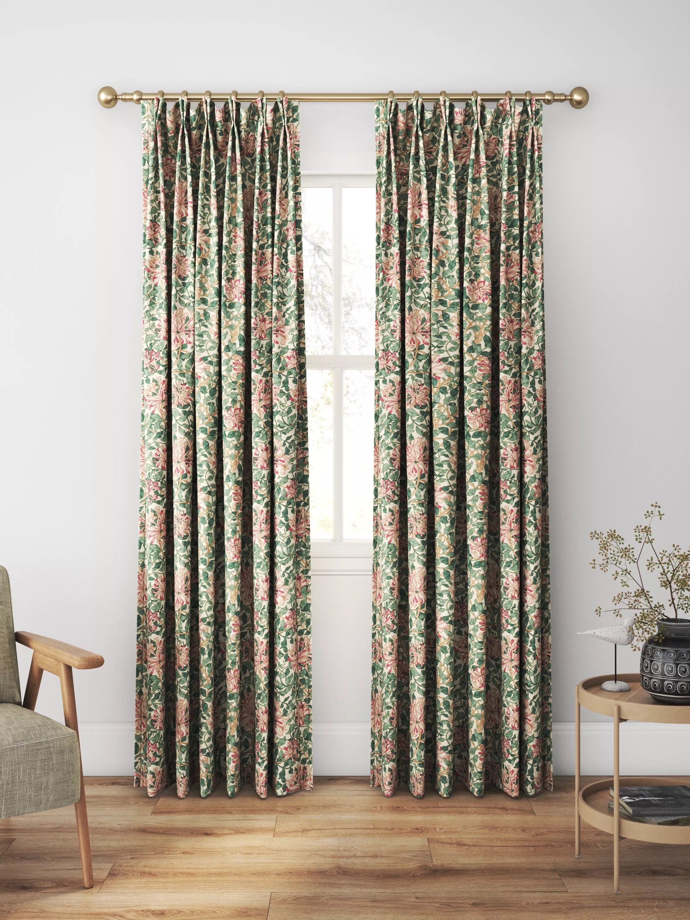 Morris & Co. Honeysuckle printed cotton curtain cream wine (British brand)
