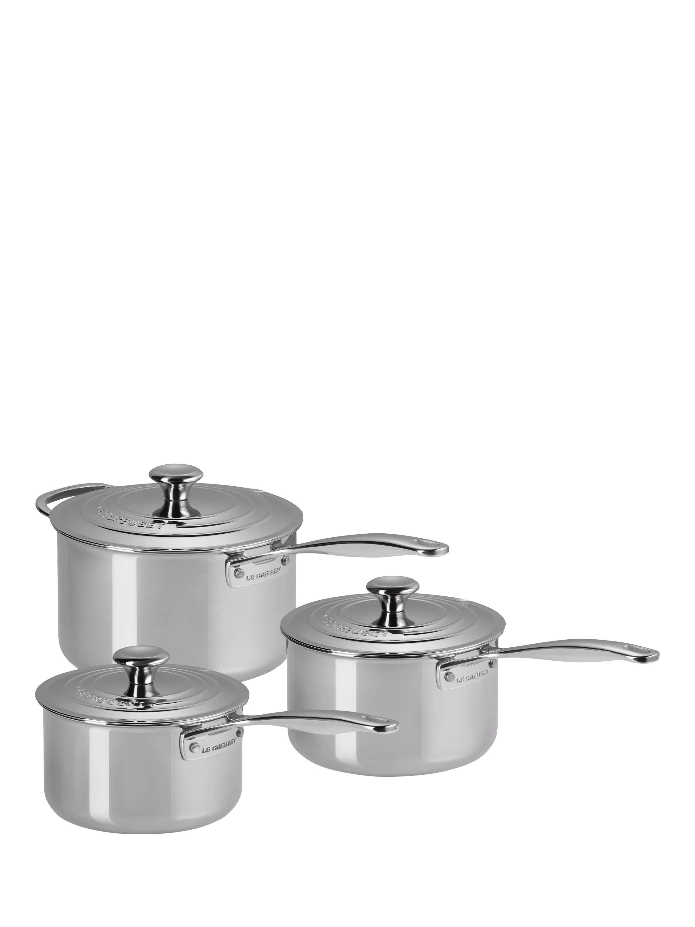 Le Creuset classic 3-ply stainless steel saucepan set with lids, 16cm, 18cm, 20cm, UK version