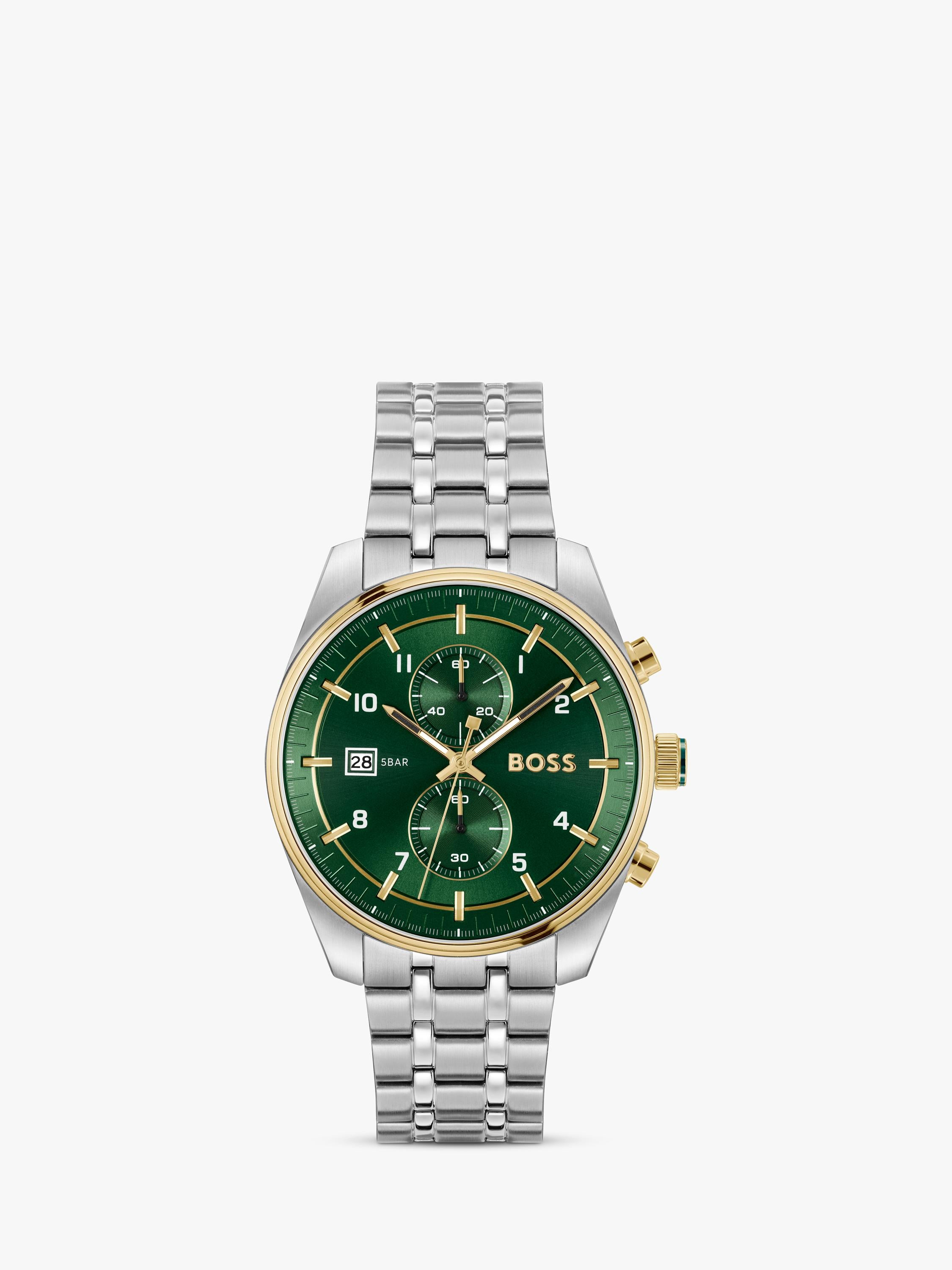 BOSS men's quartz bracelet strap watch in silver and green - British product
