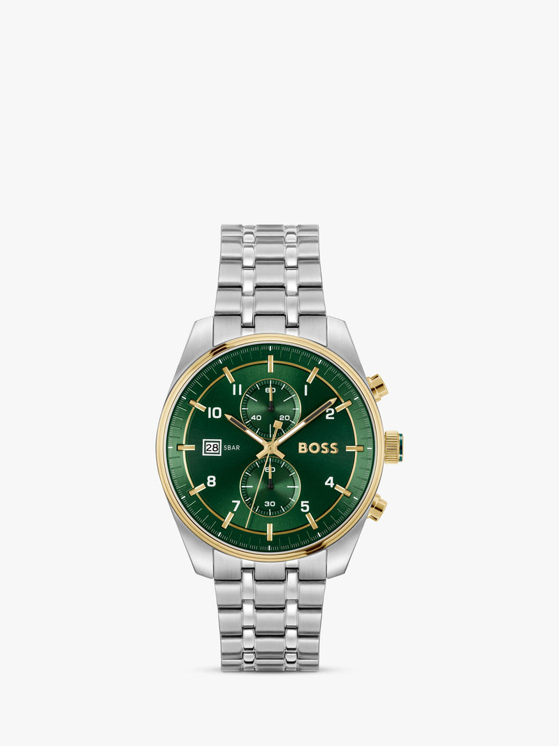 BOSS men's quartz bracelet strap watch in silver and green - British product