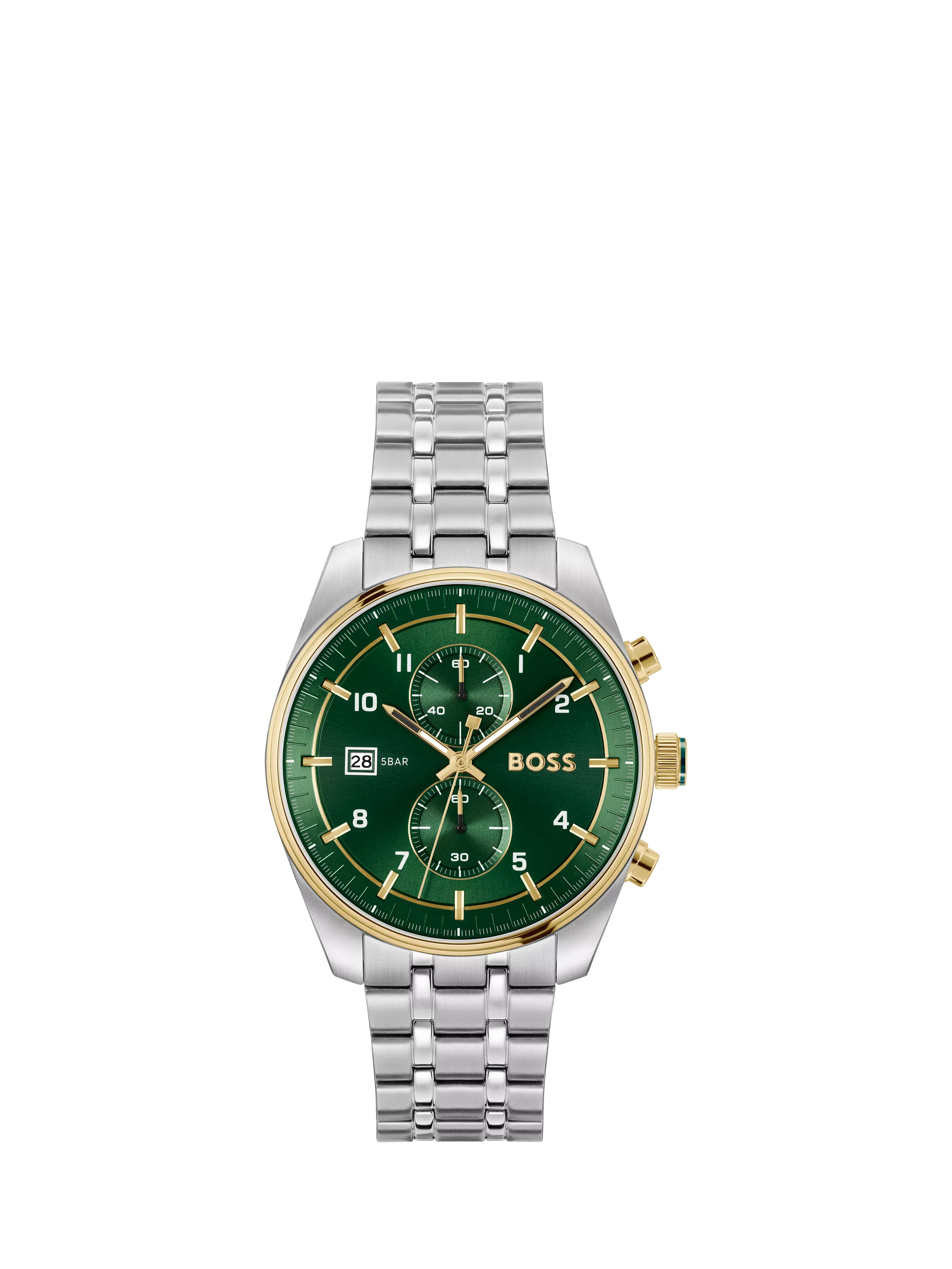 BOSS men's quartz bracelet strap watch in silver and green - British product