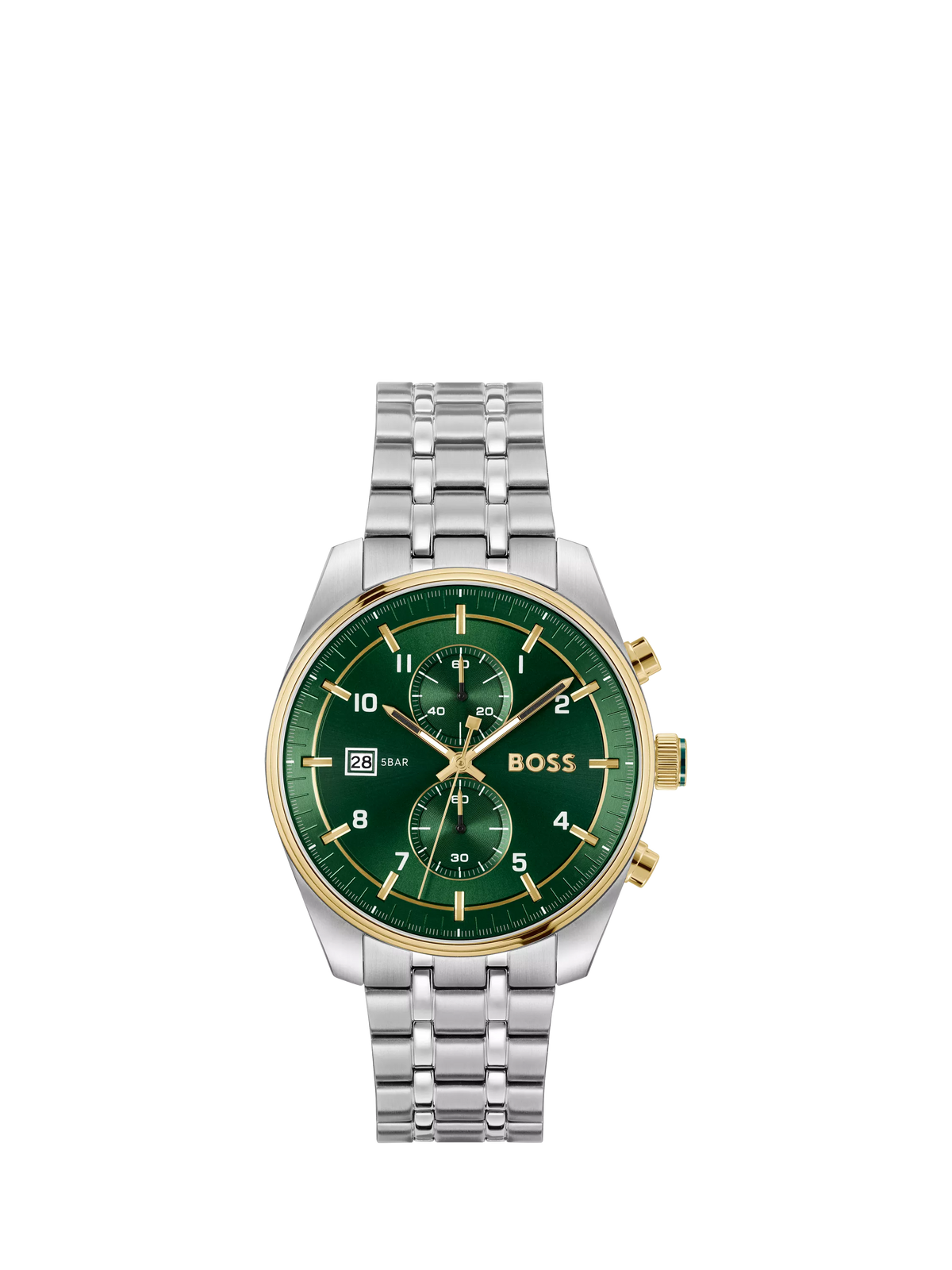 BOSS men's quartz bracelet strap watch in silver and green - British product