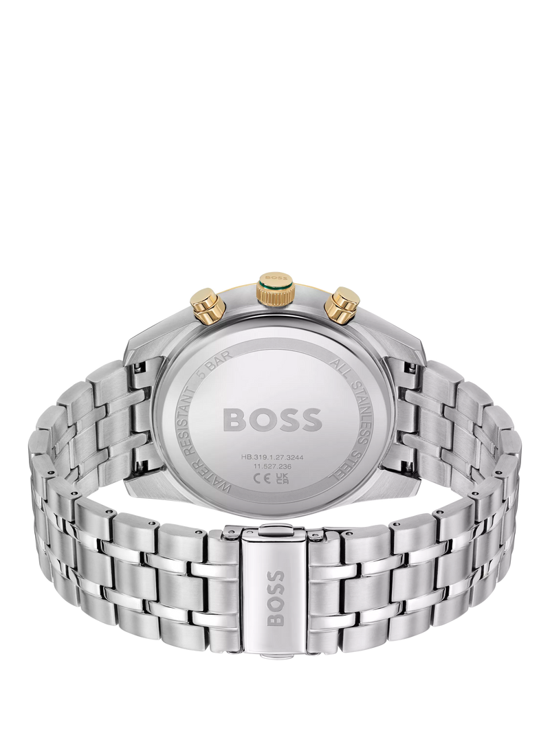 BOSS men's quartz bracelet strap watch in silver and green - British product