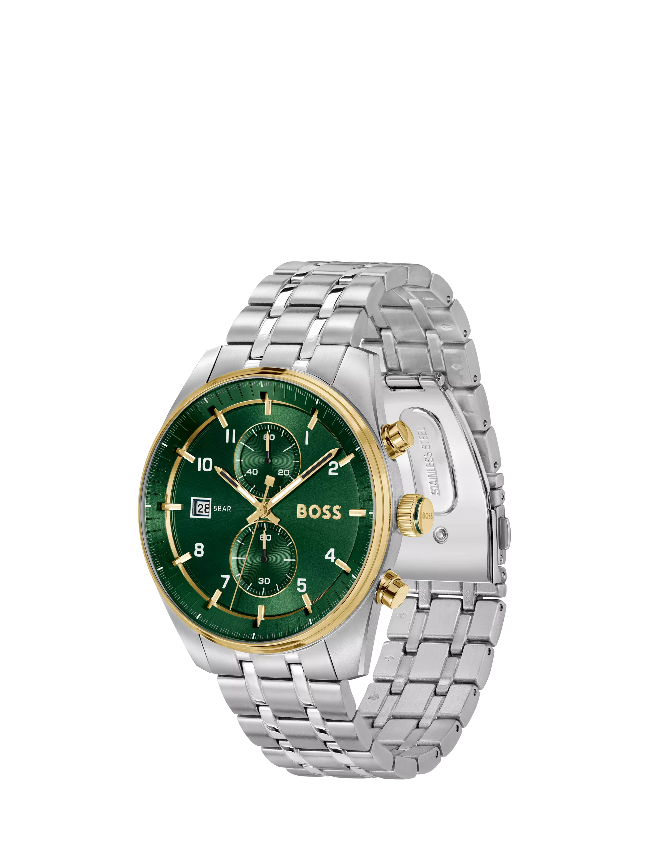 BOSS men's quartz bracelet strap watch in silver and green - British product