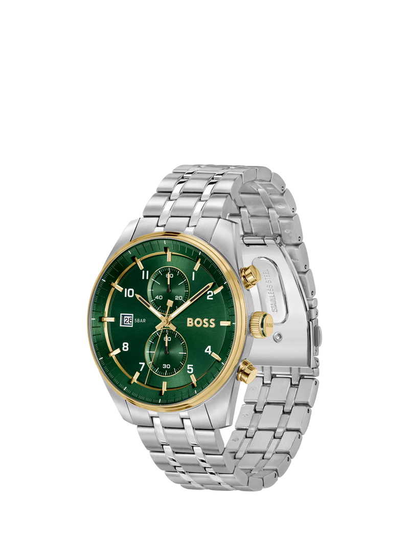 BOSS men's quartz bracelet strap watch in silver and green - British product