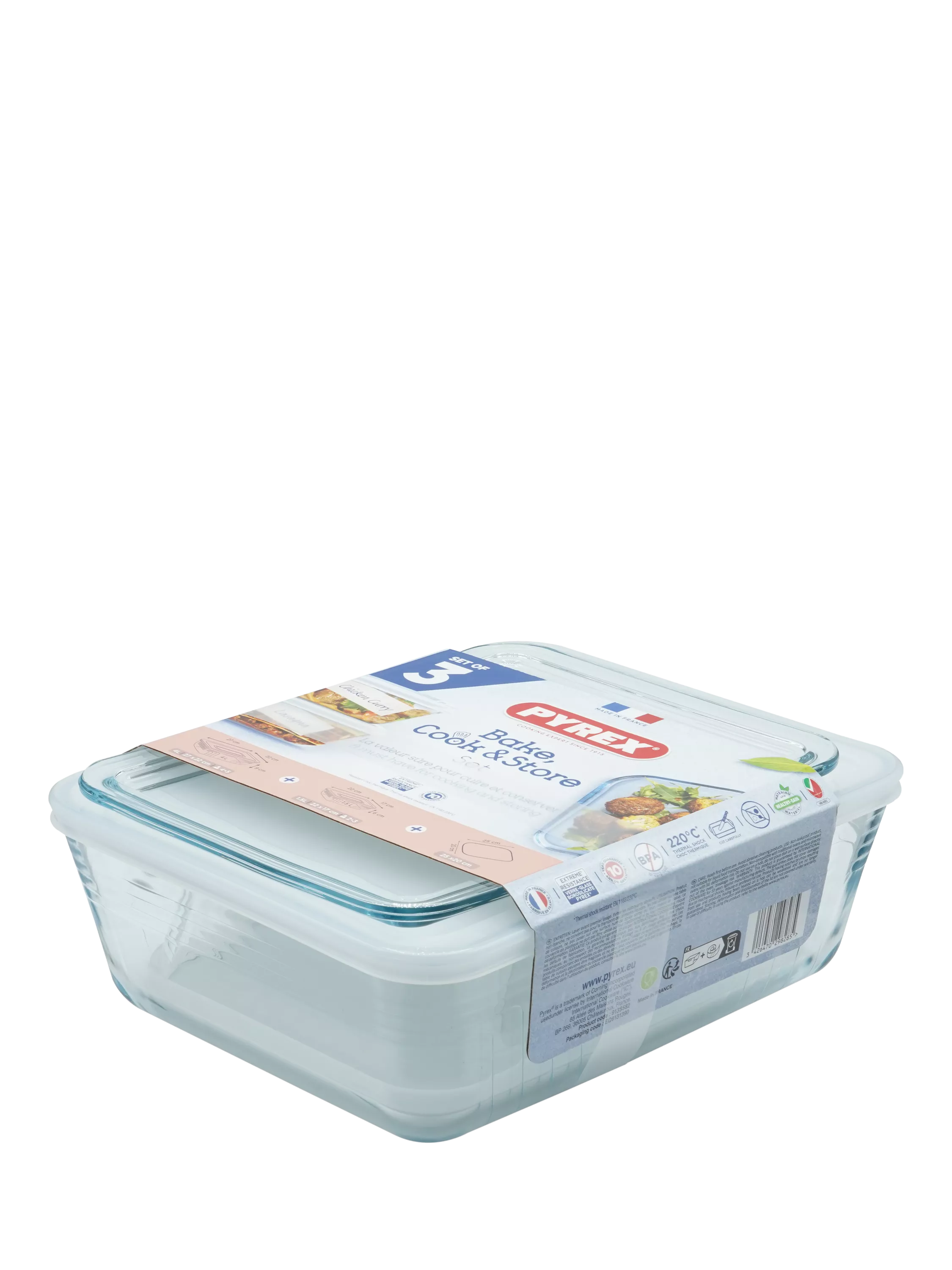Pyrex 3-piece borosilicate glass dish set with lids, imported from the UK
