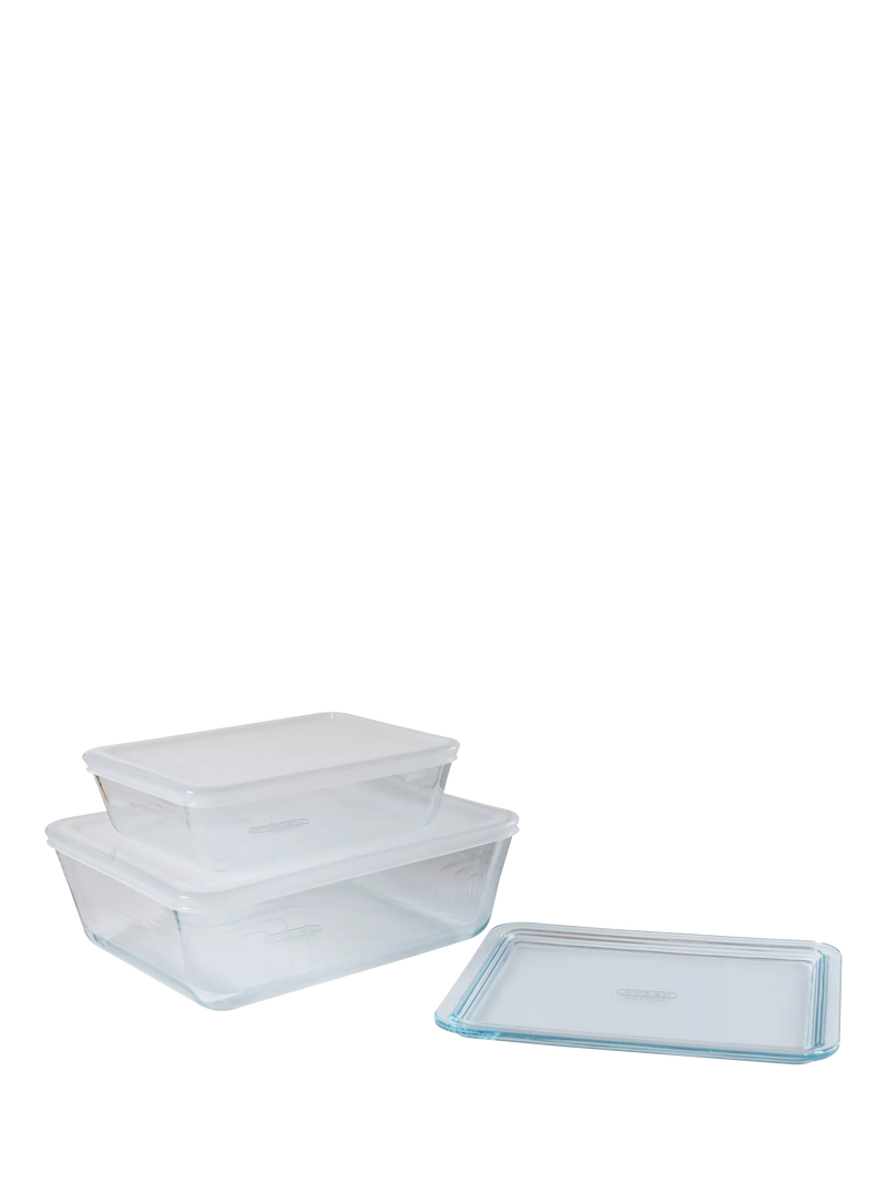 Pyrex 3-piece borosilicate glass dish set with lids, imported from the UK